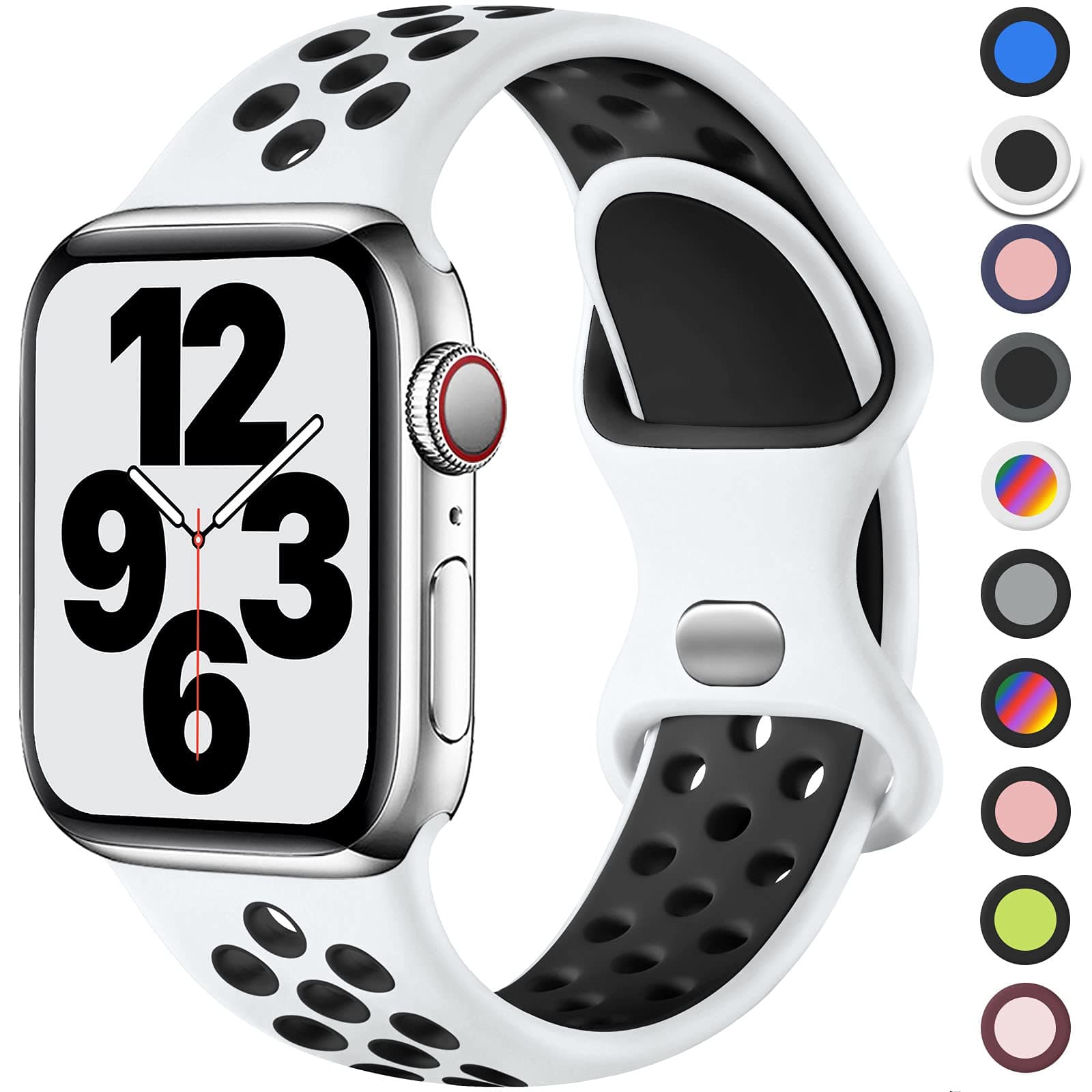 Upeak Sport Strap Compatible with Apple Watch Strap 40mm 38mm 41mm 42mm 44mm 45mm 46mm 49mm, Breathable Silicone Double Hole Band for iWatch Strap Series 10 9 8 7 6 5 4 3 2 1/SE/Ultra, L, White/Black