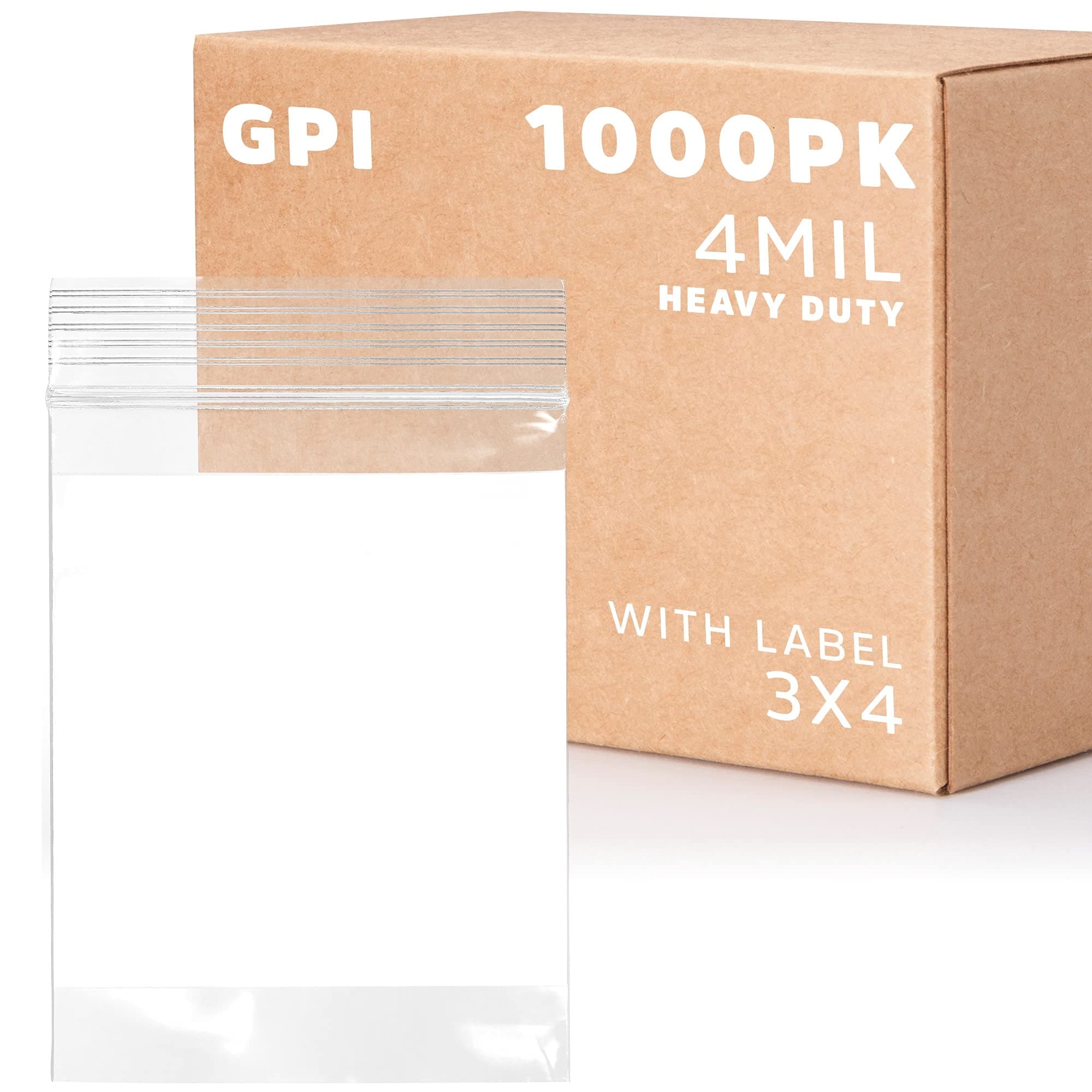 GPI - 3" x 4" - Bulk Case of 1000, 4 Mil Thick, Heavy Duty, Clear Plastic Reclosable Zip Bags, with Write-on White Block for Labeling, Strong & Durable Poly Baggies with Resealable Zipper Top Lock.