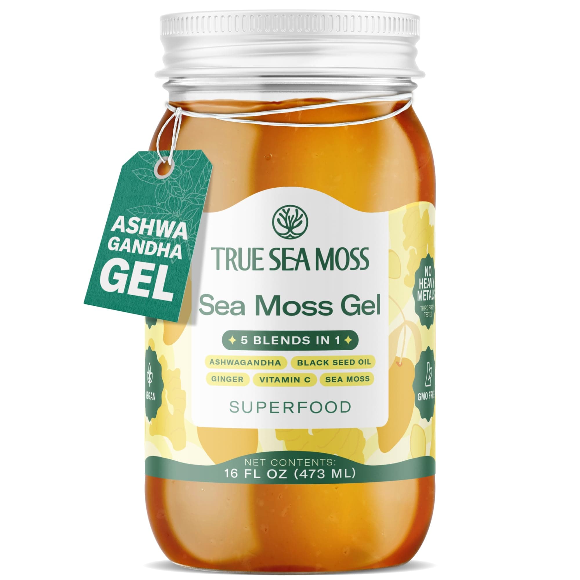 TrueSeaMoss Sea Moss Gel – Made in USA – 5-in-1 Formula – Wildcrafted Seamoss, Ashwagandha & Jarred Vegetables – Ashwagandha, Pack of 1 (Labels may Vary)