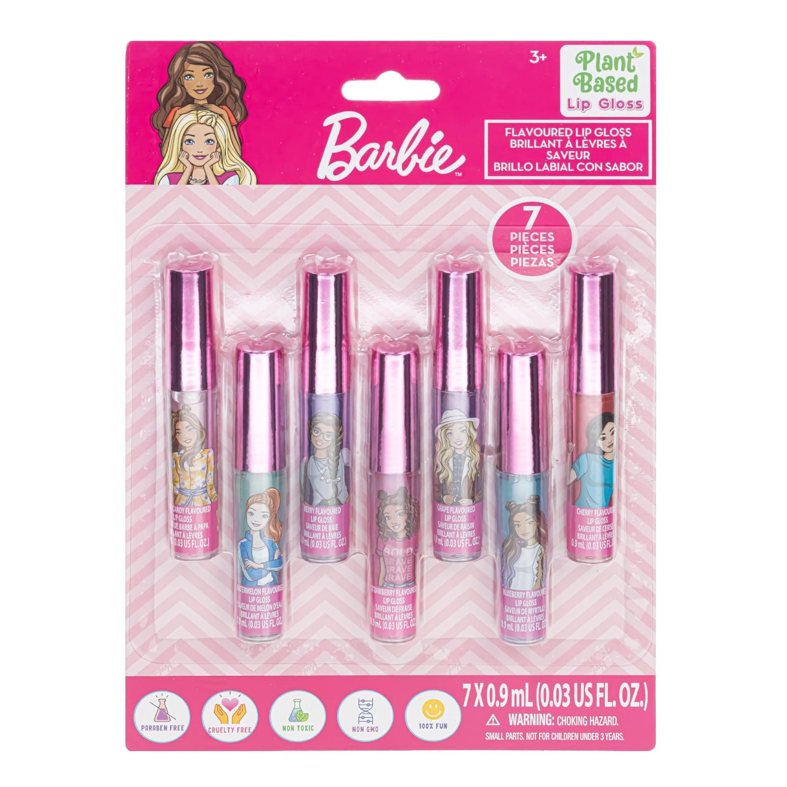 Barbie 7 Piece Plant Based Lip Gloss, Girls Party Favours, First Makeup Set for Girl, Perfect for Parties, Sleepovers and Birthday Gifts, Ages 3+, by Townley Girl