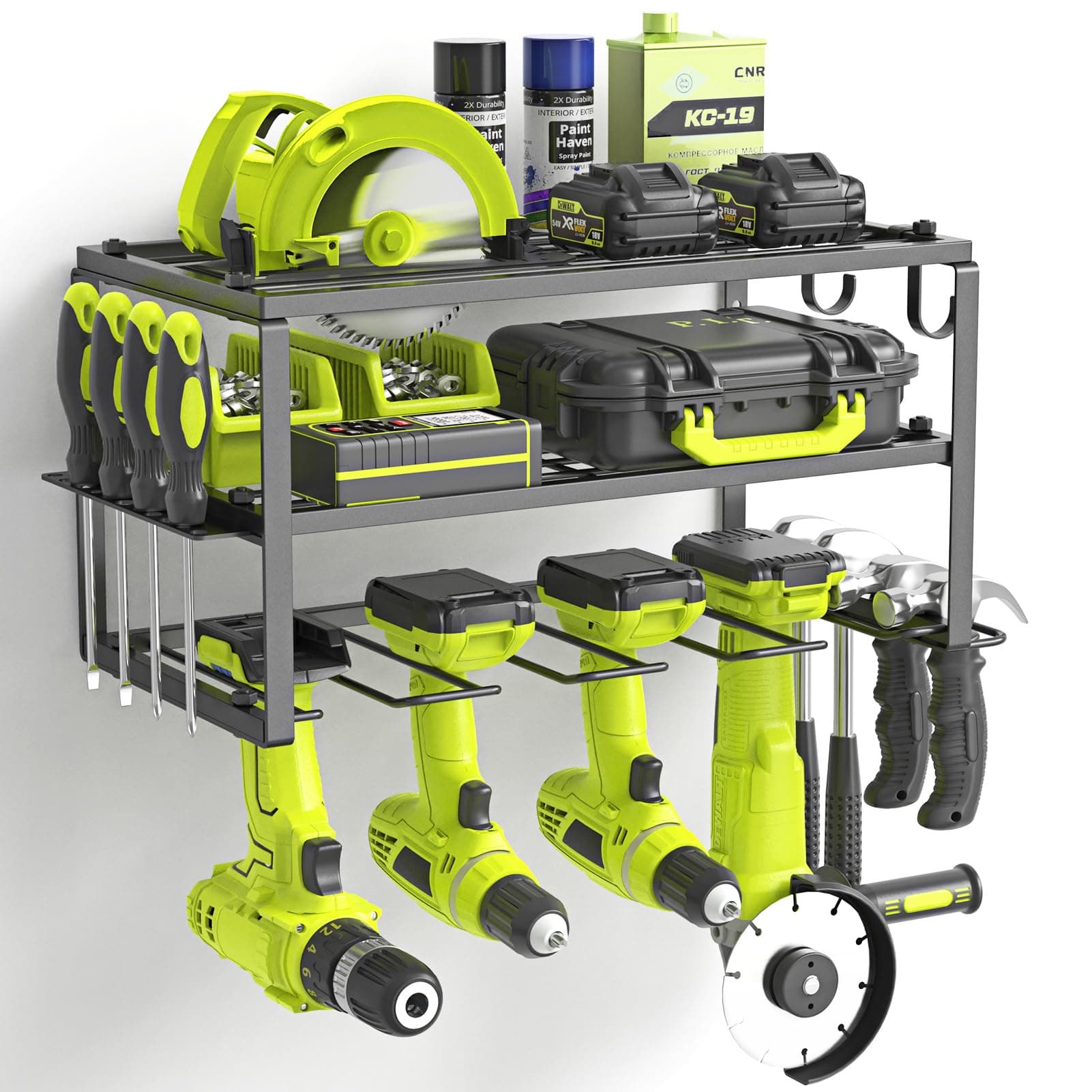 Power Tool Organizer Storage Rack, Wall Mount Drill Holder for 4 Power Drill Tools, 3 Layers Tool Rack with Side Screwdriver Rack for Garage, Workshop