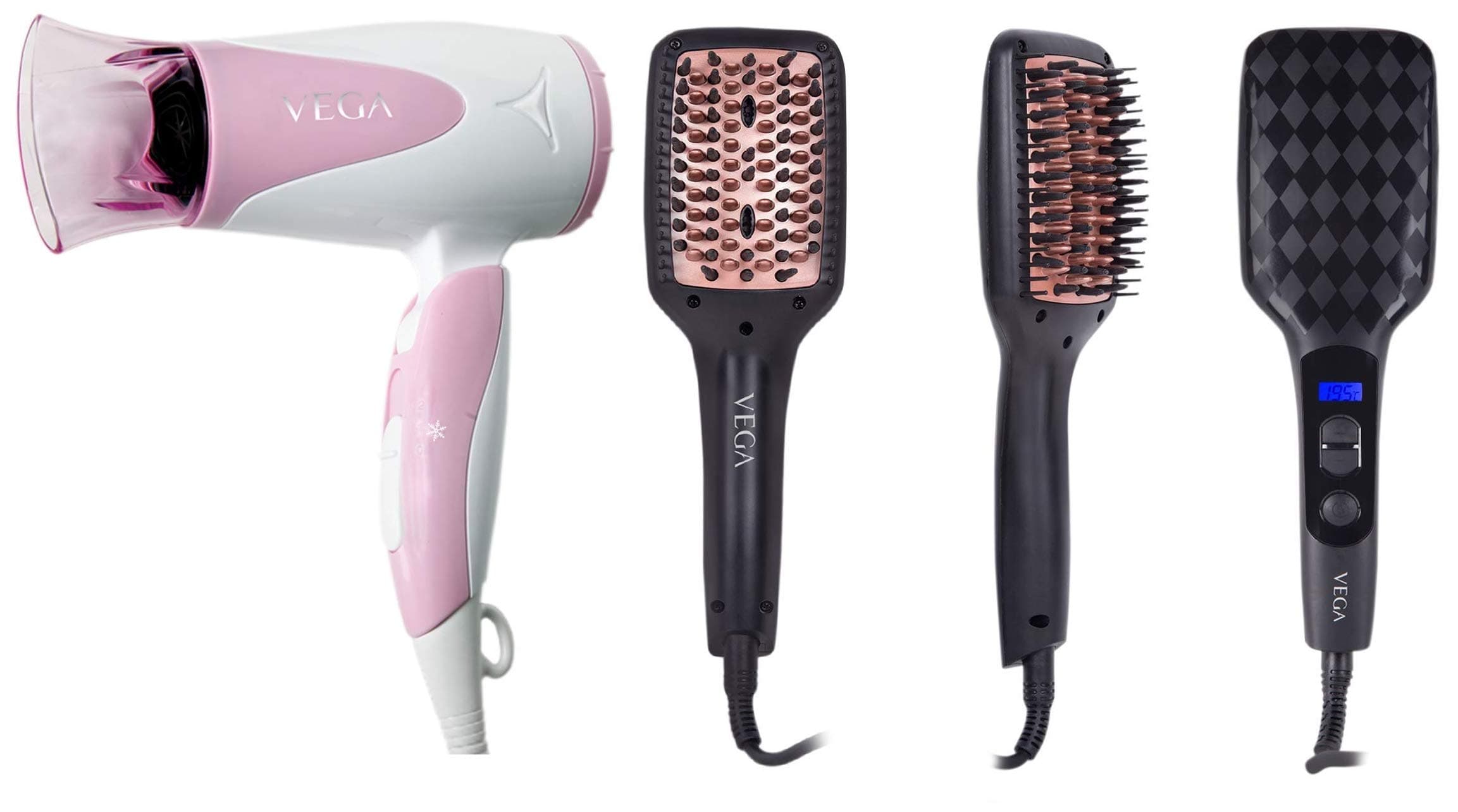 VEGA Vhdh-05 Blooming Air Hair Dryer (Colour May Vary)&Vega Vhsb-02 X-Look-Simply Brush-Paddle Straightening Brush With Ionic Technology&Temperature Control&Lcd Display (Black),1000 Watts