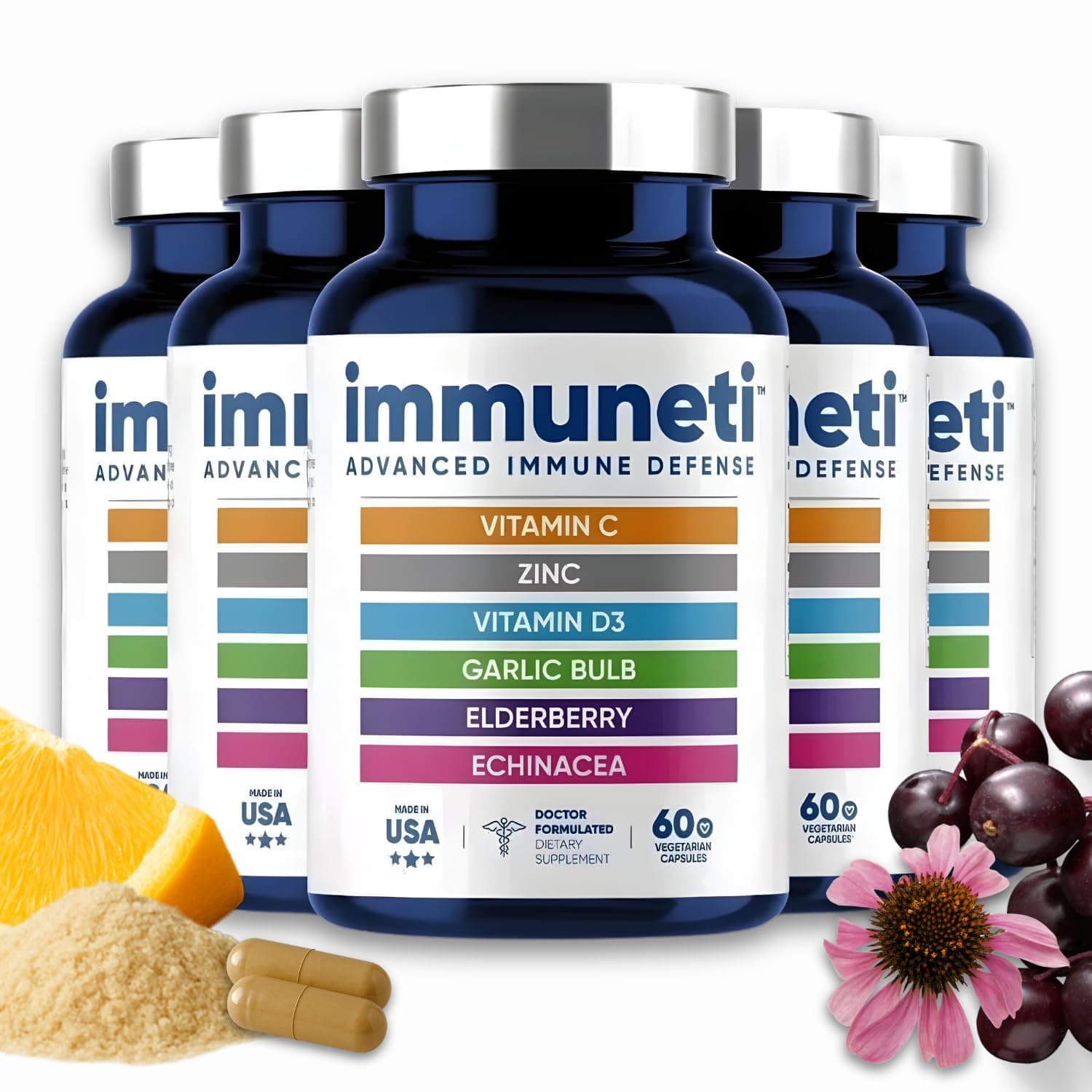 Immuneti Advanced Immune Support – Doctor Formulated 6-in-1 Daily Immunity Supplement – Made in USA – With Vitamin C, D3, Zinc, Elderberry, Garlic & Echinacea - Vital Nutrients & Antioxidants (5)