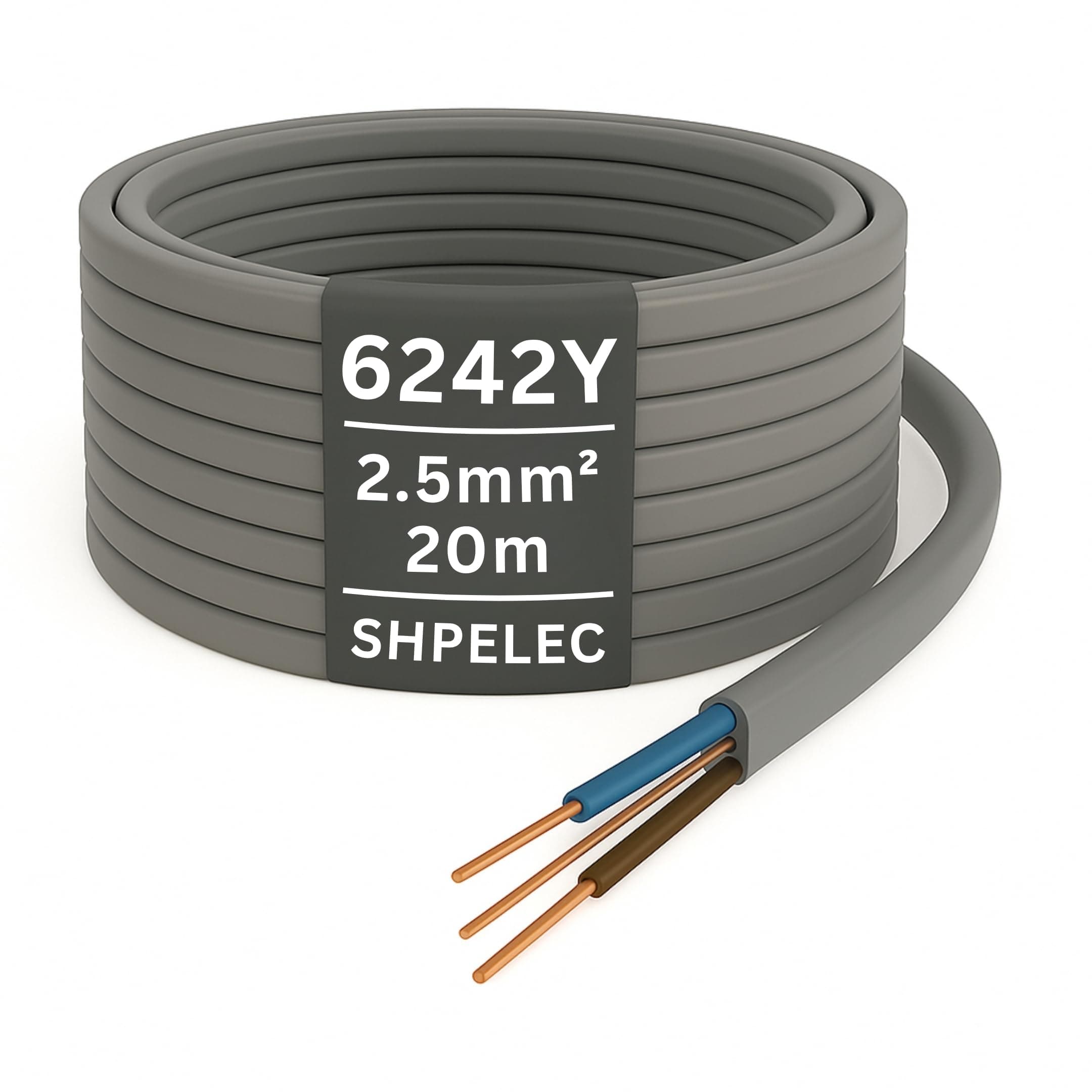 SHPELEC® Electrical Grey Twin and Earth 6242YH Cable - 2.5mm Mains Socket Ring 20m Length - All Lengths (5m, 10m, 15m & 20m)) (20metres - 2.5mm Twin and Earth Cable)