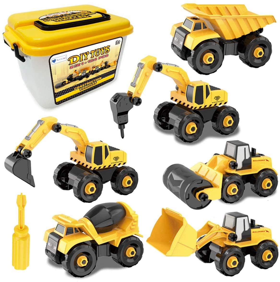 Mumfactory Take-Apart Construction Vehicles Excavators Truck Toy with Storage Box, 6 in 1 DIY Building Educational Gift Toys for Boys Girls Age 3 4 5