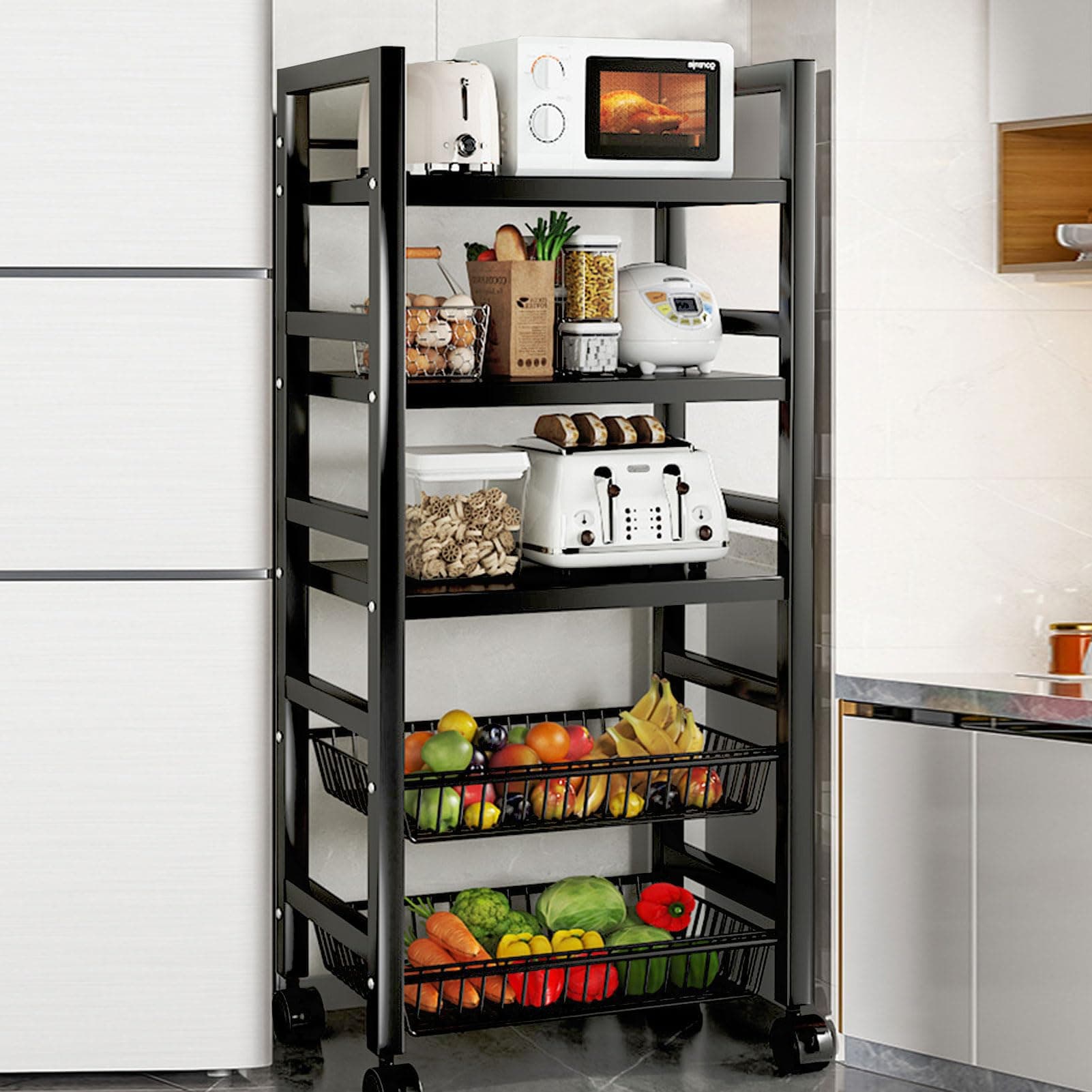 INGUNAR 5-Tier Kitchen Storage Shelves, Metal Shelves for Storage Pantry Shelves with Rolling Wheels, Movable Multifunctional Storage Rack, Standing Shelf Rack for Kitchen/Bedroom/Laundry Closet