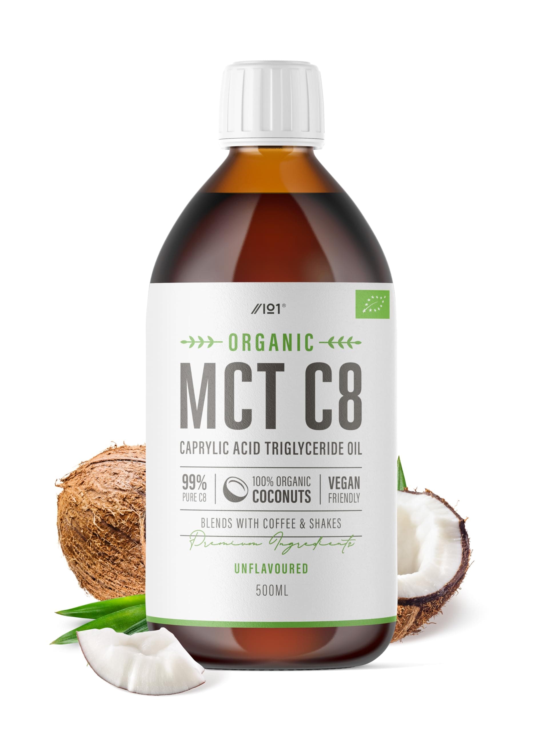 Organic C8 MCT Oil - 500ml - 100% Pure Cold Pressed C8 MCT - Premium Coconut Oil, Sustainably Sourced, Add to Coffees or Shakes, Boosts Ketones 3X More Than Other MCTs