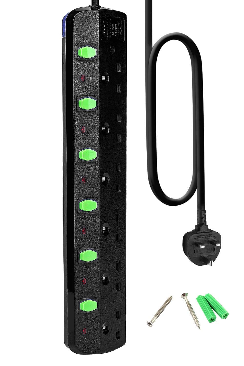 6 Way Extension Lead with Switches, 1.8M/5.9Ft Electric Extension Cable, Wall Mountable Extension Cord, 13A. 3250W