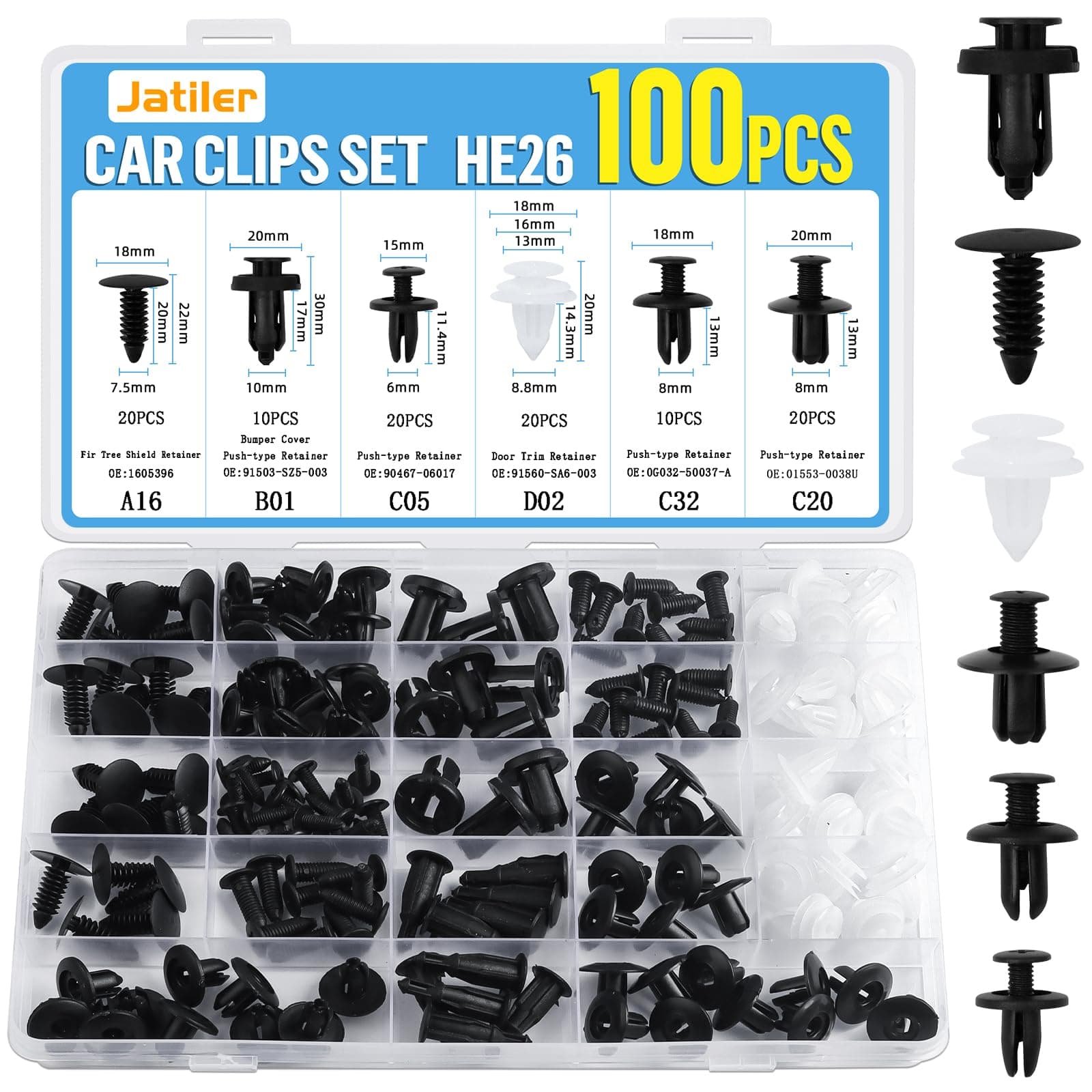 JatilEr 100 Pcs Car Trim Clips, HE26 Car Panel Clips Universal Auto Plastic Rivets Nylon Plastic Fasteners Bumper Clips and Fixings, 6 Sizes Push Rivets Door Trim Retainer Kit Accessories