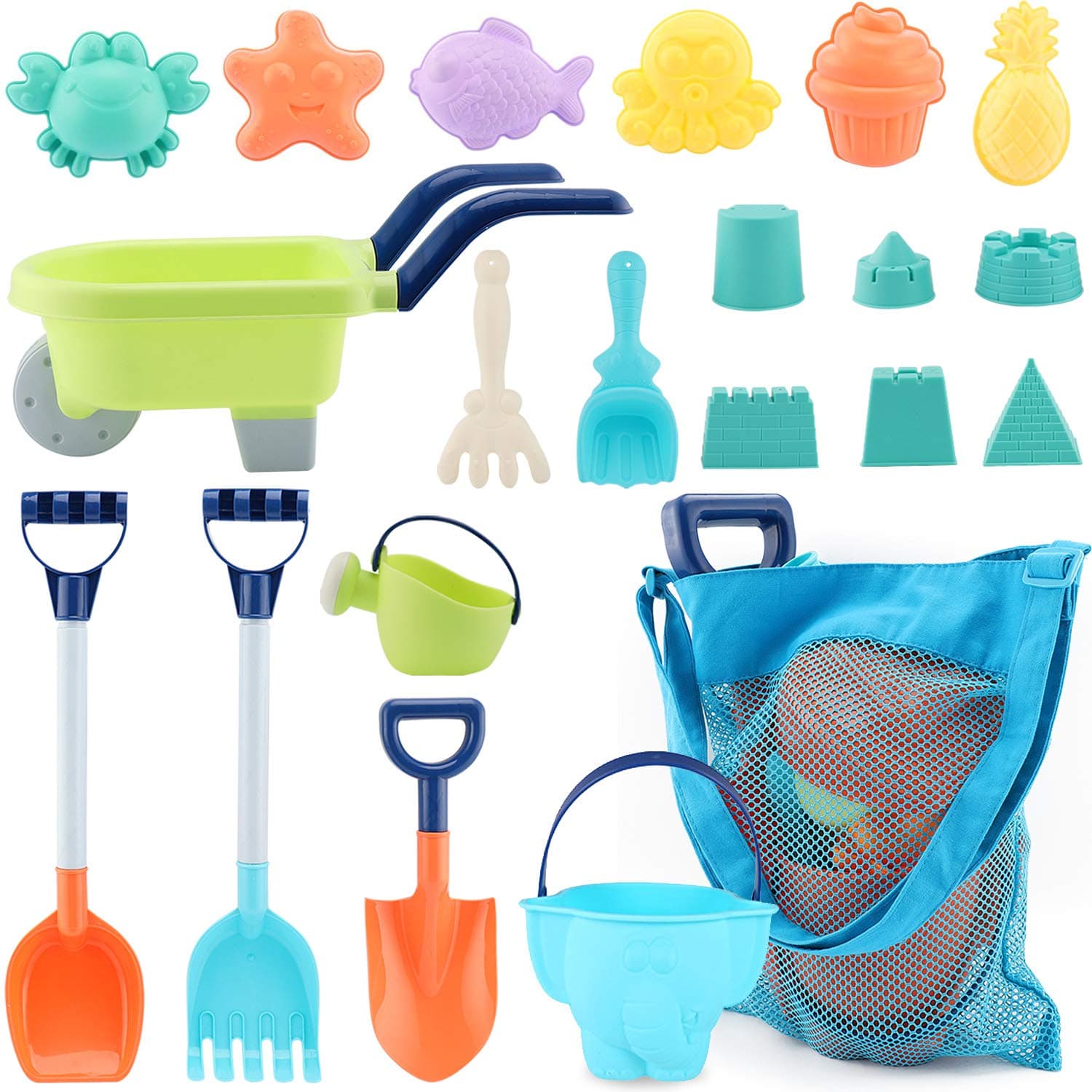 MINGPINHUIUS Beach Toys Kids Boys Beach Sand Toy Set with Barrow Elephant Bucket Two Big Shovels One rake and Mesh Bag Soft Plastic Material (20 pcs)