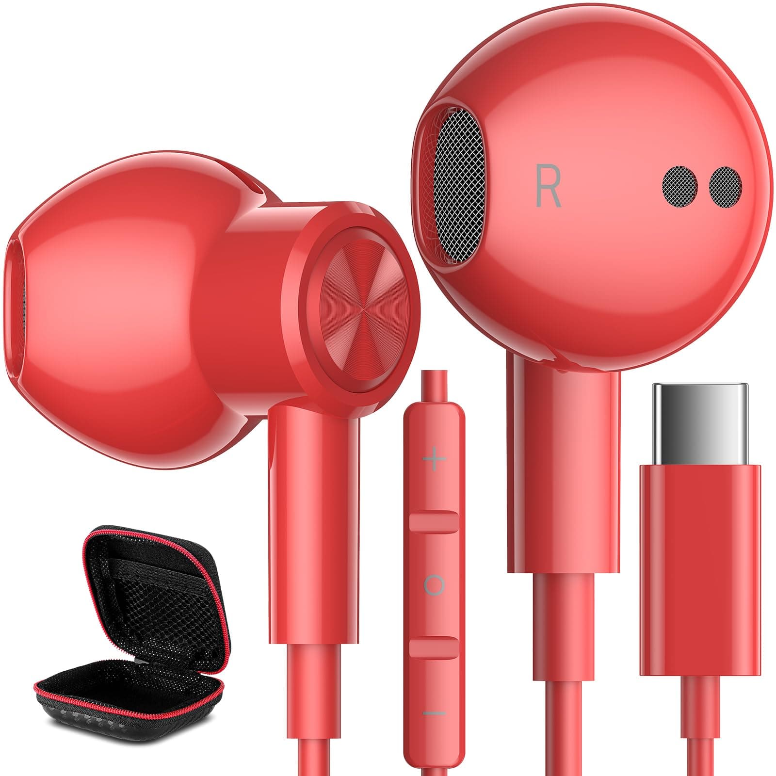 iMangoo USB C Headphones Type C Earphones for Samsung Galaxy S25 Ultra S24 Plus S23 S22 S21 S20 HiFi DAC Magnetic Wired Earbuds Microphone for iPhone 15 16 16e 17 Air for Apple Android Pixel 10 Red