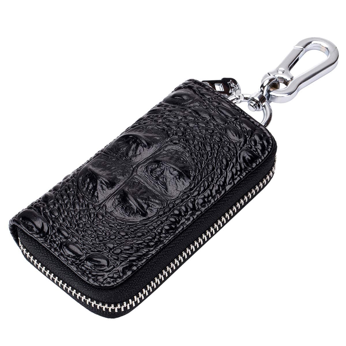 Key Case Wallet Crocodile Leather Key Holder Car Keychain Key Case with 6 Hooks, Card Slots/Car Key Ring/Zipper for Men Women (Black)
