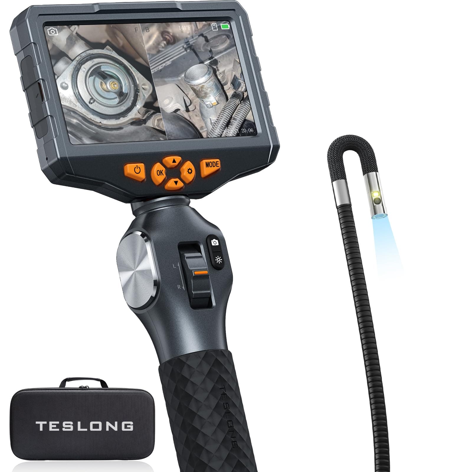 Articulating Borescope with Dual Lens Camera, Teslong 5-inch IPS Endoscope Inspection Camera with Two-Way Articulation Tip, 6+1 LED Lights, Mechanics Fiber Optic Scope-Dia. 0.25 inch & L 5.0 feet