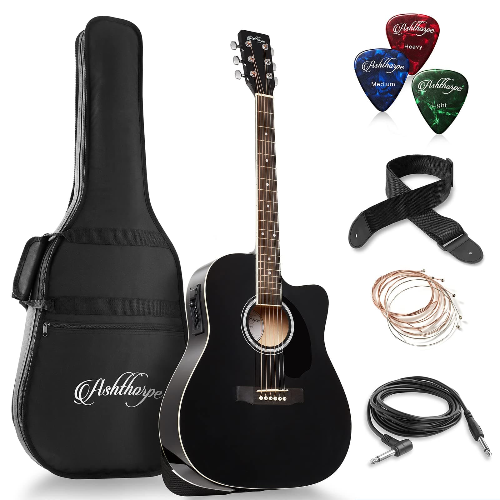 Full-Size Dreadnought Cutaway Acoustic-Electric Guitar Bundle - Premium Tonewoods - Black