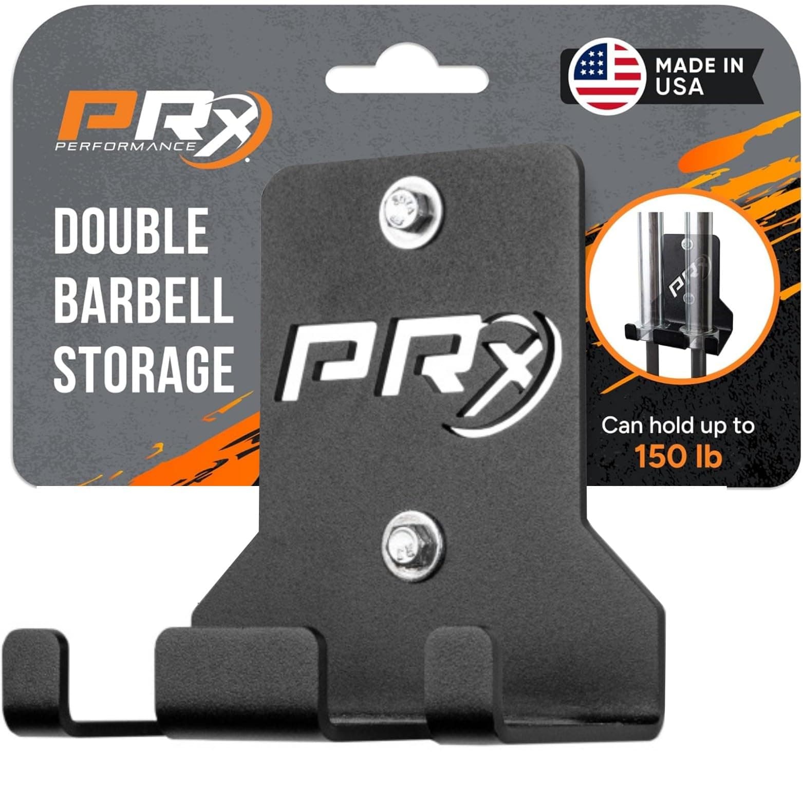Double Barbell Storage, Wall Mounted Hanging Bar Holder, American Steel, Black Powder Coated, Space Saving Commercial or Home Gym Accessory