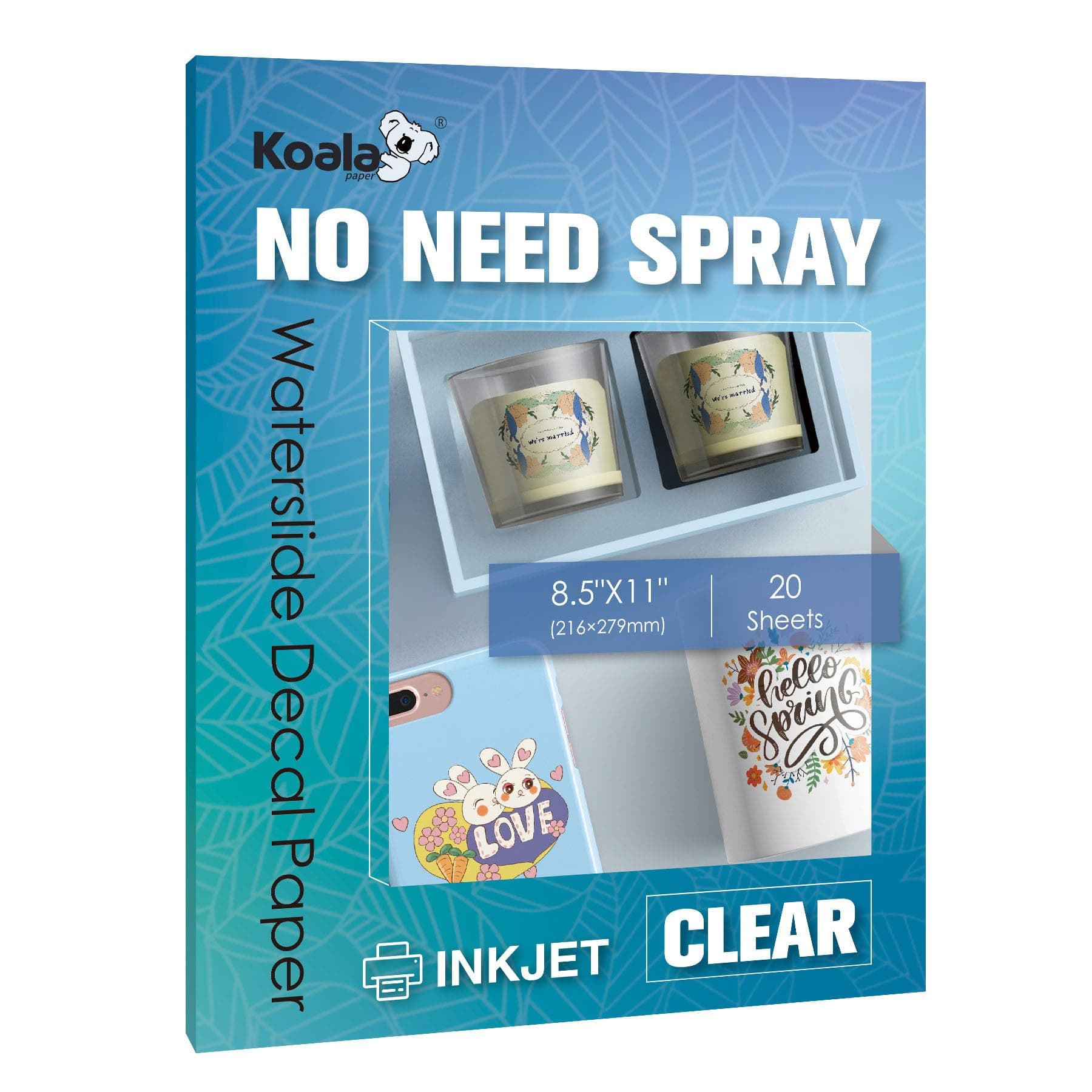 KOALA Waterslide Decal Paper INKJET CLEAR, No Spray Coating Water Slide Decal Paper for DIY Tumbler, Mug, Nail Crafts, 8.5x11 Inches 20 Sheets