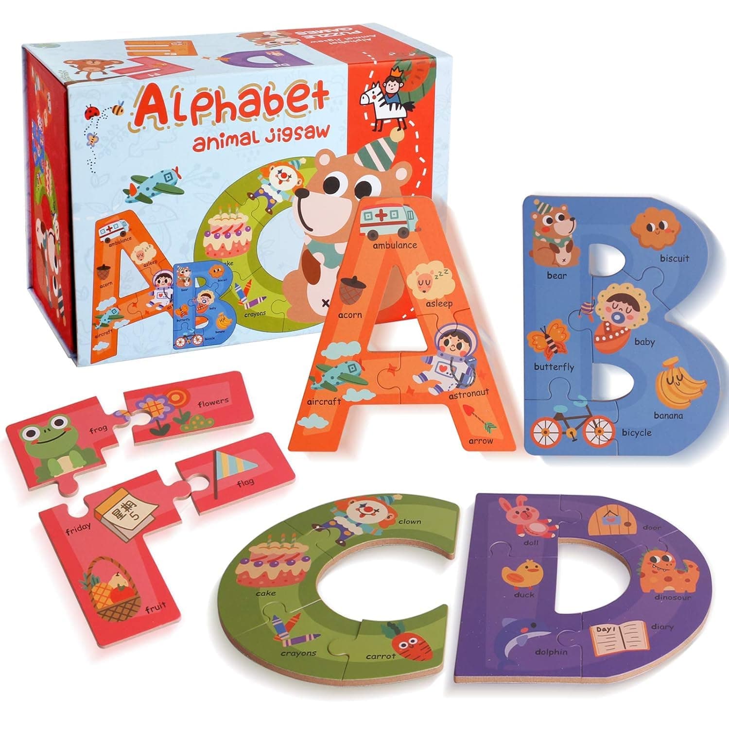 85 PCs Colorful Density Wooden Board Animal Alphabet Puzzle Toys Color Shape Letter Recognition Kit with Box Montessori STEM Game Set for Kids 3 Years Old Boys and Girls