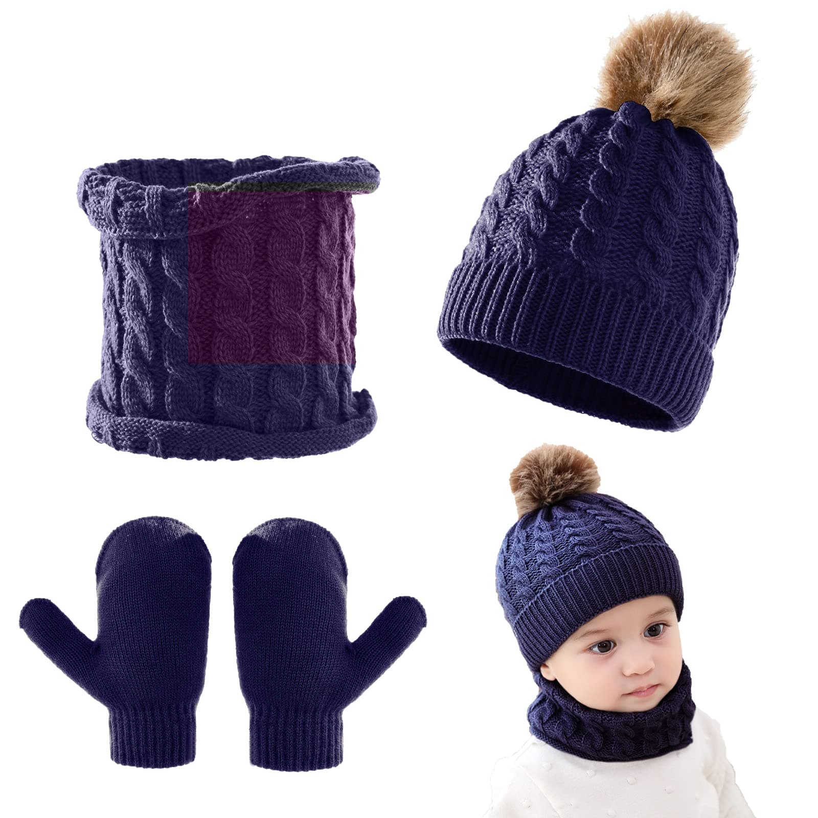 3Pcs Baby Beanie Hat Scarf Gloves Set Infant Knitted Cap Winter Warm Gloves Toddler Neck Warmer for Boys Girls 0-3 Years