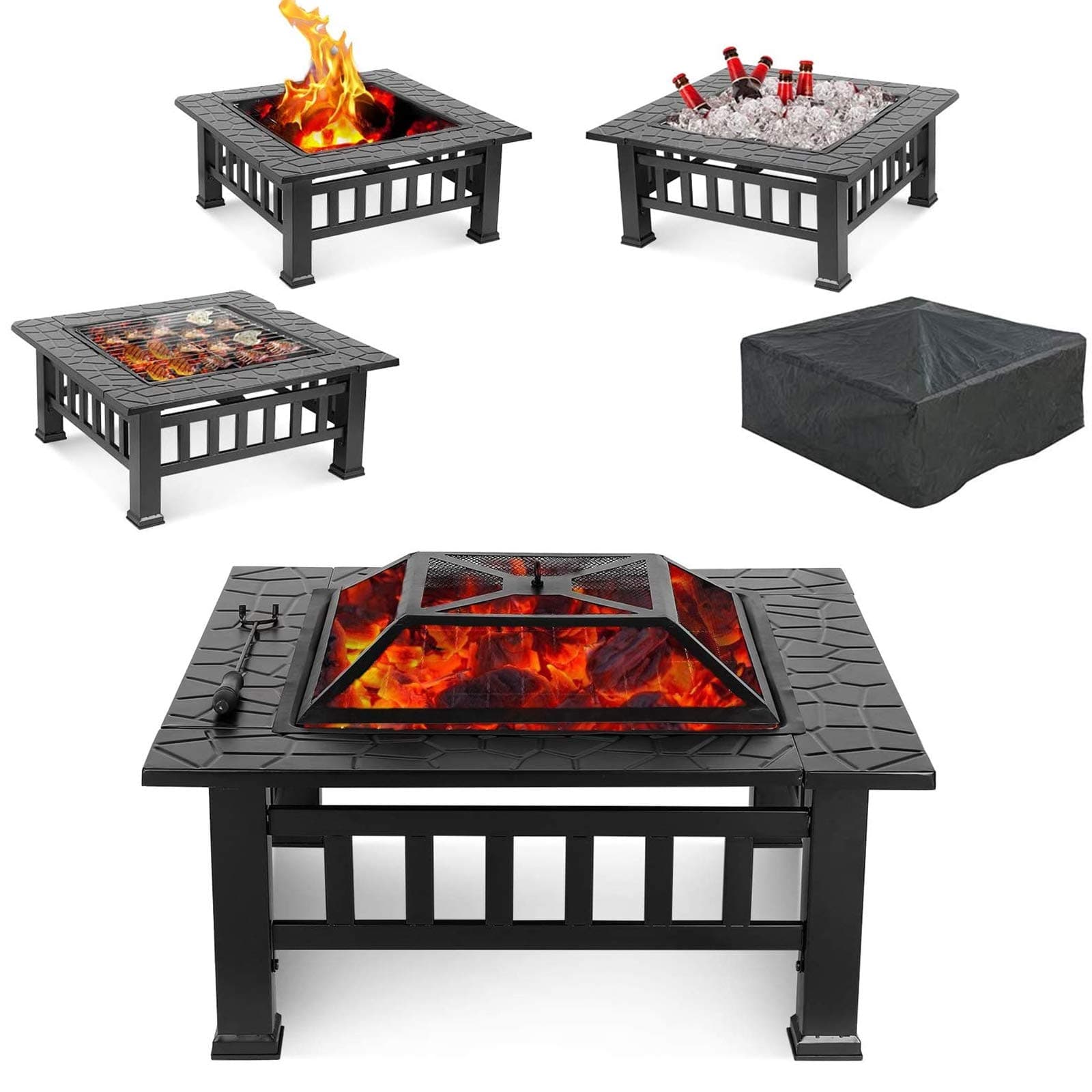 32" Outdoor Fire Pit Table with Grill, Wood Burning Fireplace Bowl, Multi-Function Square Stove, w/Spark Screen, Poker, Rainproof Cover for Picnic, Camp, Bonfire, BBQ, Patio, Backyard, Party