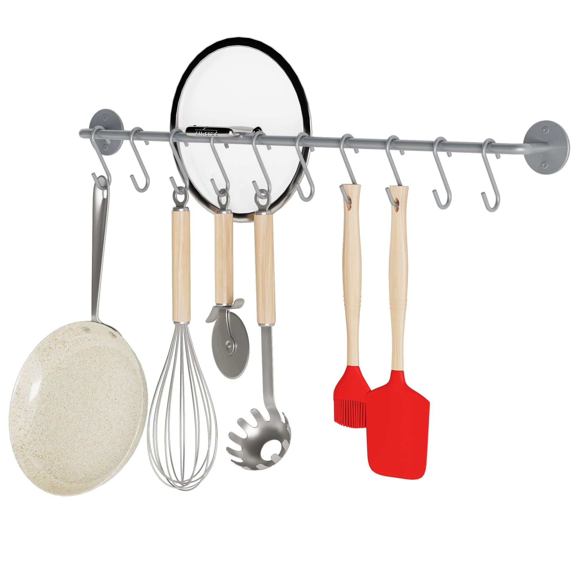 Wallniture Cucina 24" Wall Mount Kitchen Utensil Holder with 10 S Hooks for Hanging Pots and Pans Set and Lid Organizer, Silver
