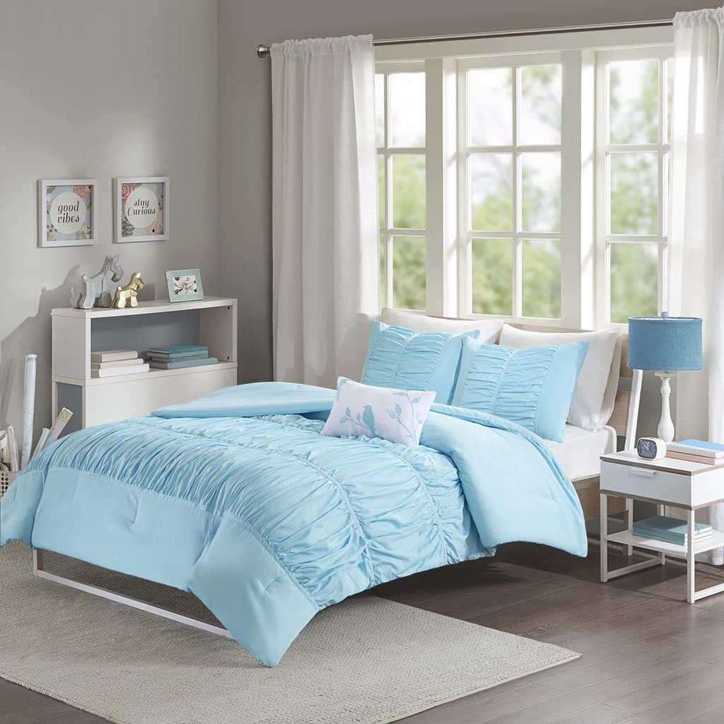 Modern Girls Kids Teen Bedding Aqua Light Blue Tufted Ruffled Ruched Comforter Set Includes Bonus Sleep Mask from Designer Home (Full/Queen)