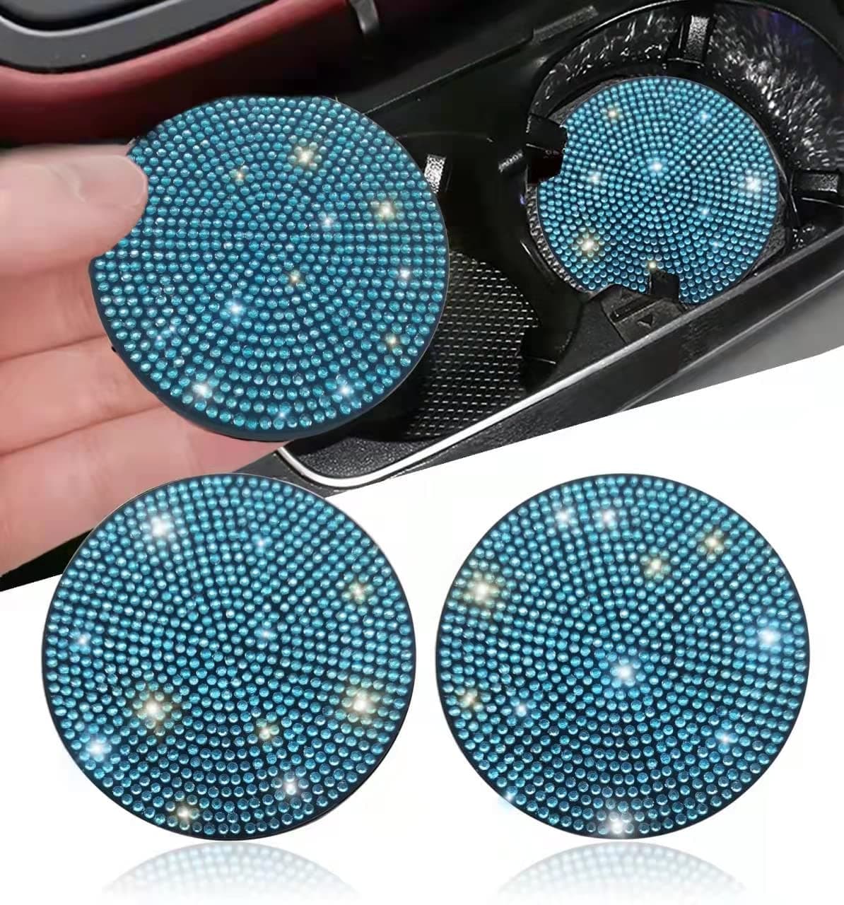 NBTEPEM 2pcs Bling Car Cup Holder Coaster, 2.75 inch Anti-Slip Shockproof Universal Fashion Car Coasters Insert Bling Crystal Rhinestone Automotive Interior Accessories for Women (2 pcs, Aquamrine)