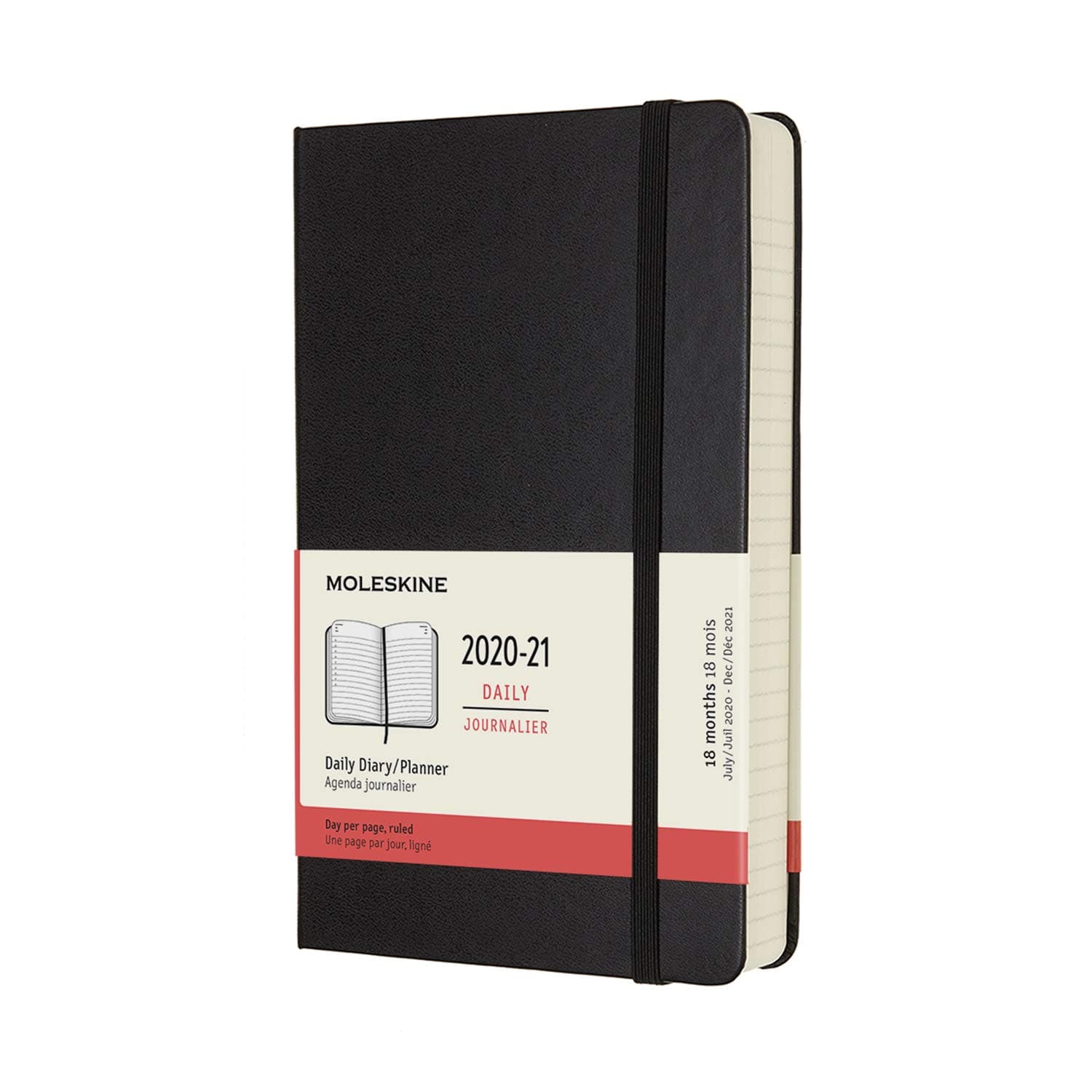 Moleskine - 18-Month Daily Planner/Diary, Planner 2020/2021, Daily Planner with Hard Cover and Elastic Closure, Size Large 13 x 21 cm, Colour Black, 608 Pages