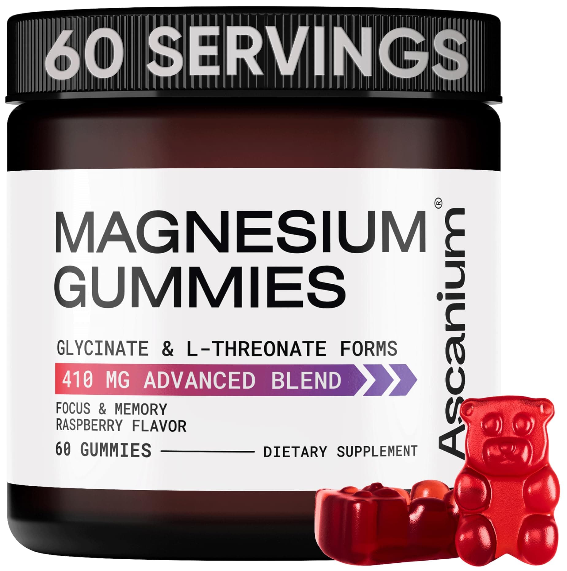 Magnesium Gummies - 410mg of Elemental Magnesium Glycinate & L-Threonate Supplement Complex - Vegan Magnesium Glycinate Gummies for Calm Mood, Muscle & Heart Support - Chewable Magnesium Gummy 60 pcs