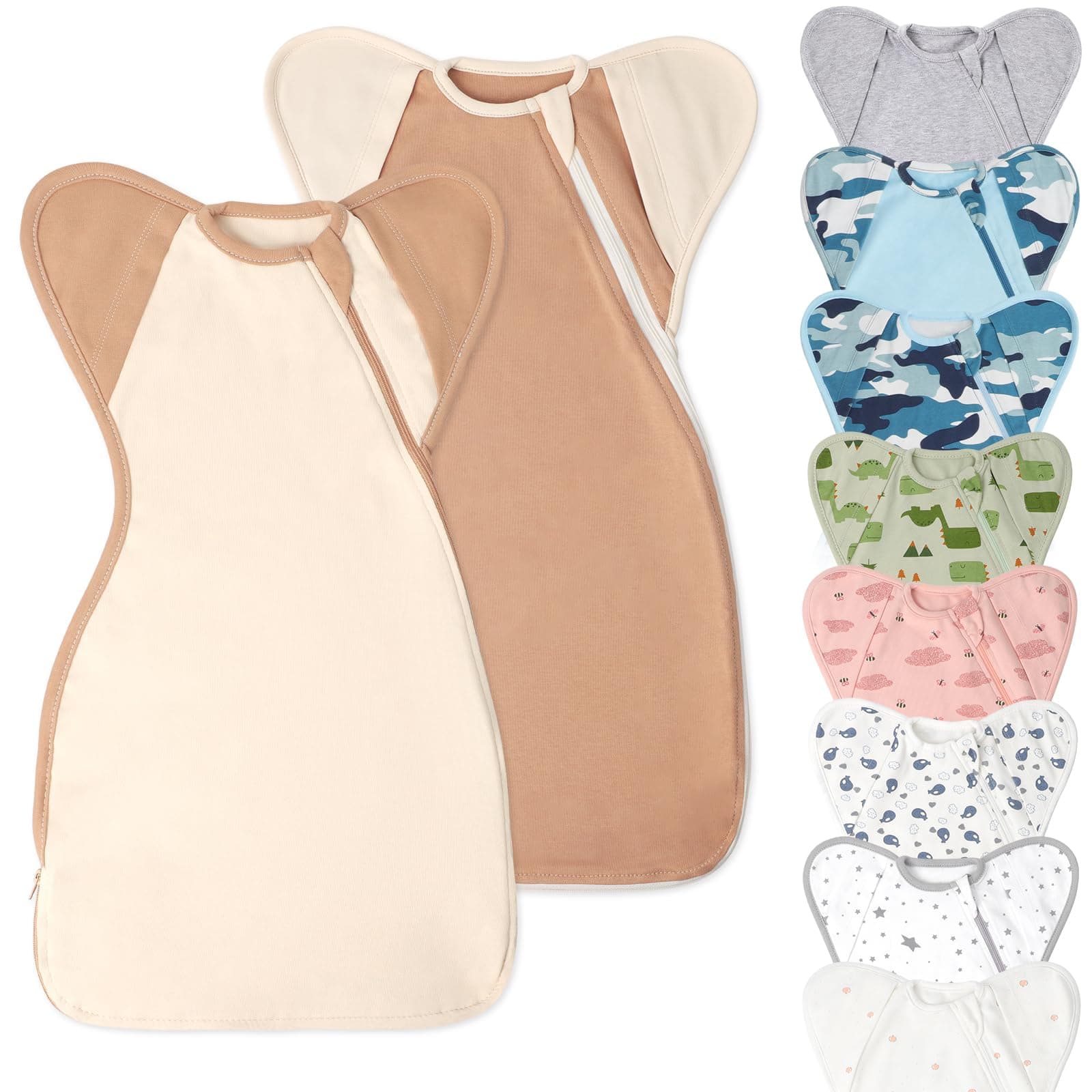 Newborn Baby Swaddle Blanket Sleep Sack 0-3 Months, Arms Up Swaddles 2 Packs Cotton, Hands Up 3-Way Transitions to Arms-Free Wearable Sleeping Sack Bag for Boys Girls Snug Fit Calms Startle Reflex
