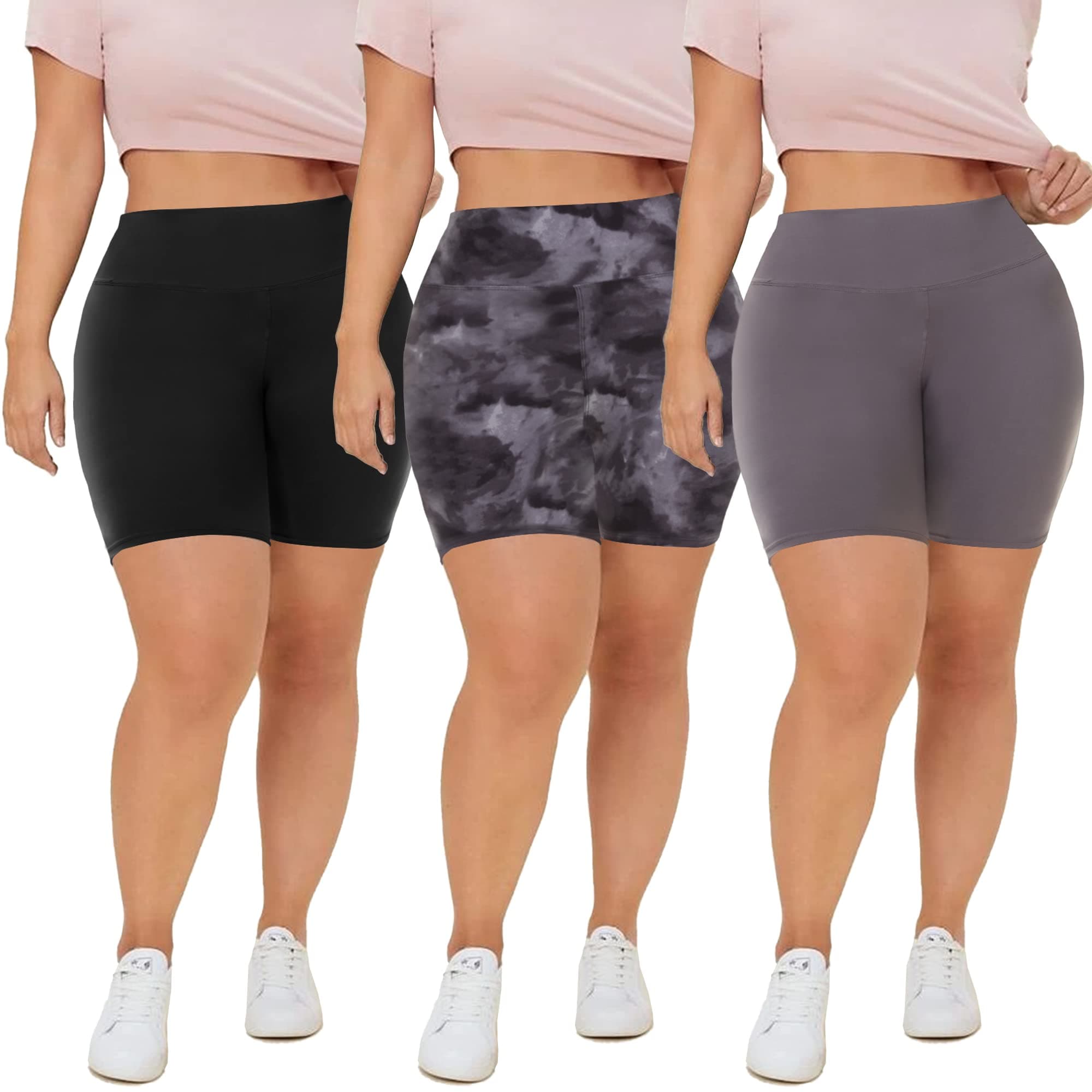 QGGQDD3 Pack Plus Size Biker Shorts for Women – 8" High Waisted Black Shorts for Yoga Workout (2X 3X 4X)