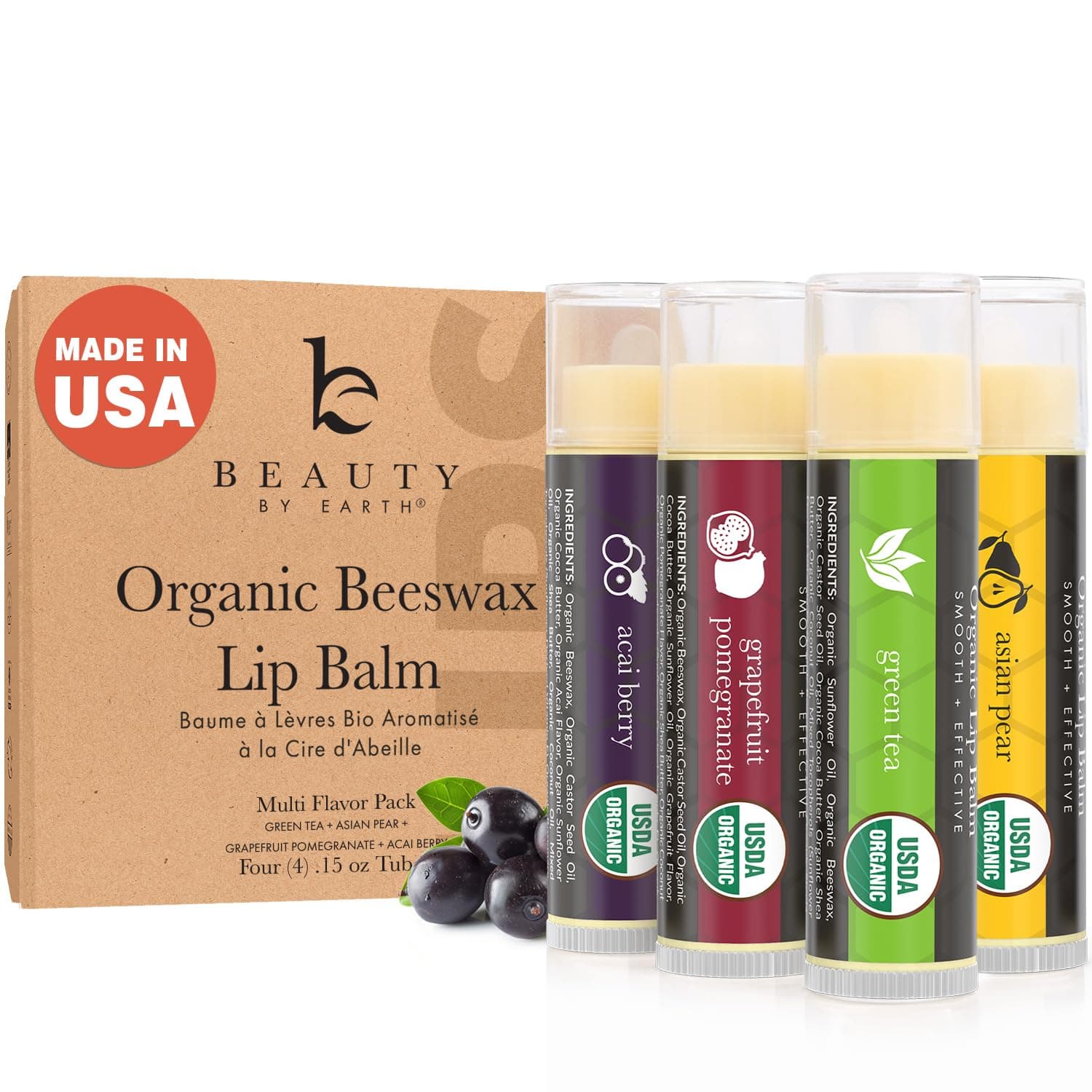 Lip Balm - Organic Pack of 4 Tubes Flavored Moisturizer to Repair Dry, Chapped and Cracked Lips with Best Natural Ingredients with Fruity Flavors - Great Gifts for Men, Women, Teens