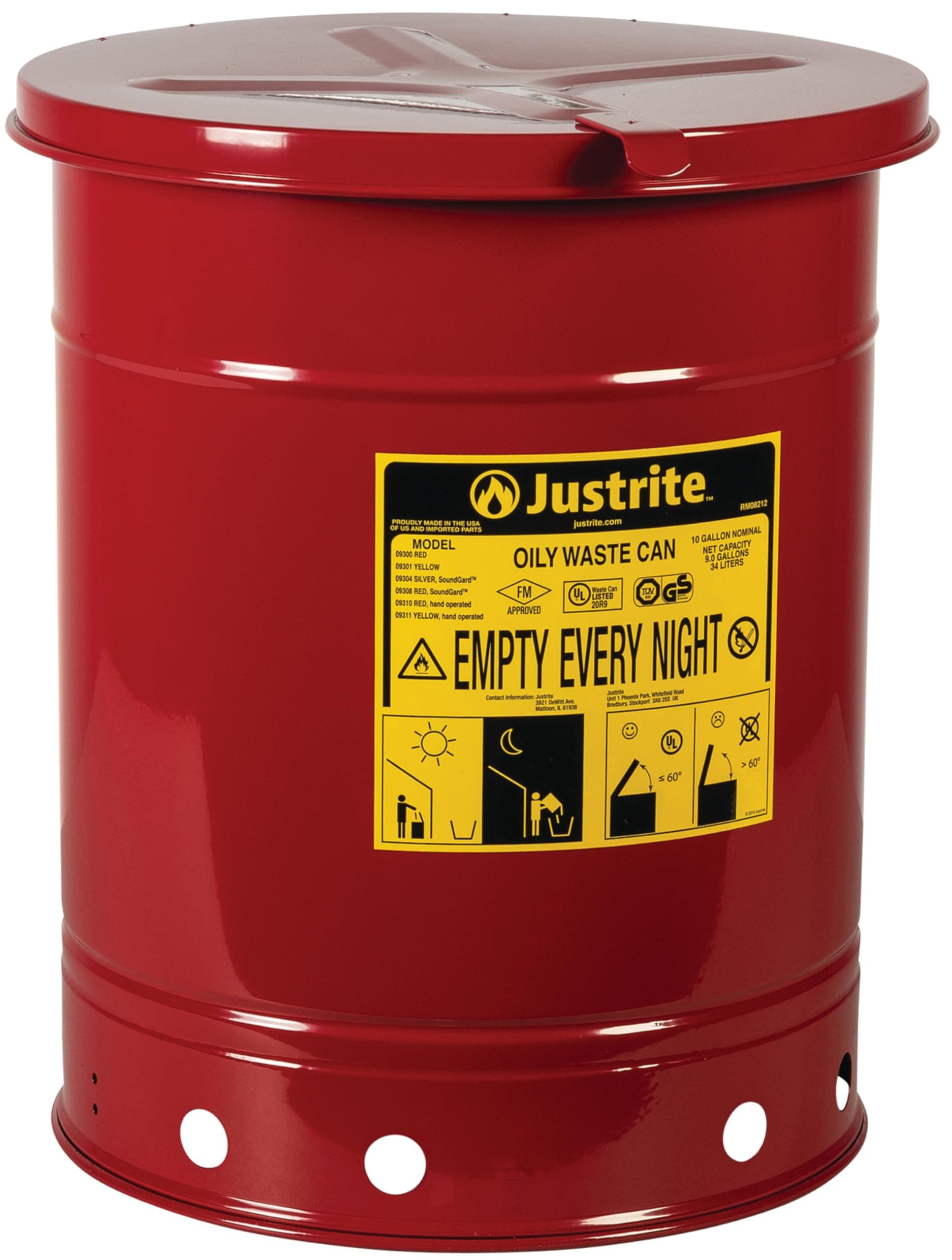 JUSTRITE 09310 Oily Waste Can, 10 Gal, Steel, Red
