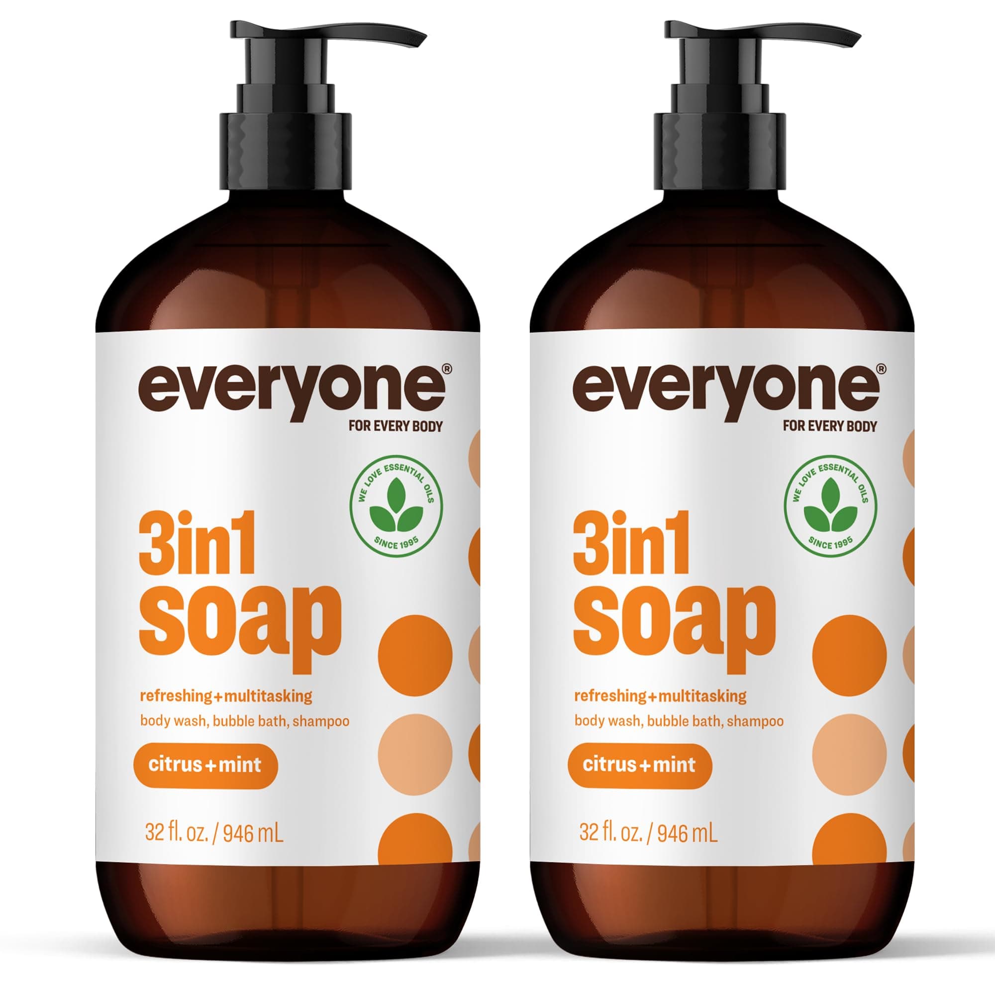 Everyone 3-in-1 Soap, Body Wash, Bubble Bath, Shampoo, 32 Ounce (Pack of 2), Citrus and Mint, Coconut Cleanser with Plant Extracts and Pure Essential Oils