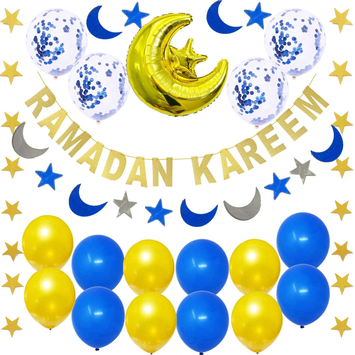 22pcs Ramadan Kareem Decorations, Gold Blue Glitter Ramadan Kareem Banner Sign, Ramadan Decorations, Eid Al-Fitr Mubarak Happy Ramadan Festival Party Decoration, Ramadan Banner Moon Star Garland for H