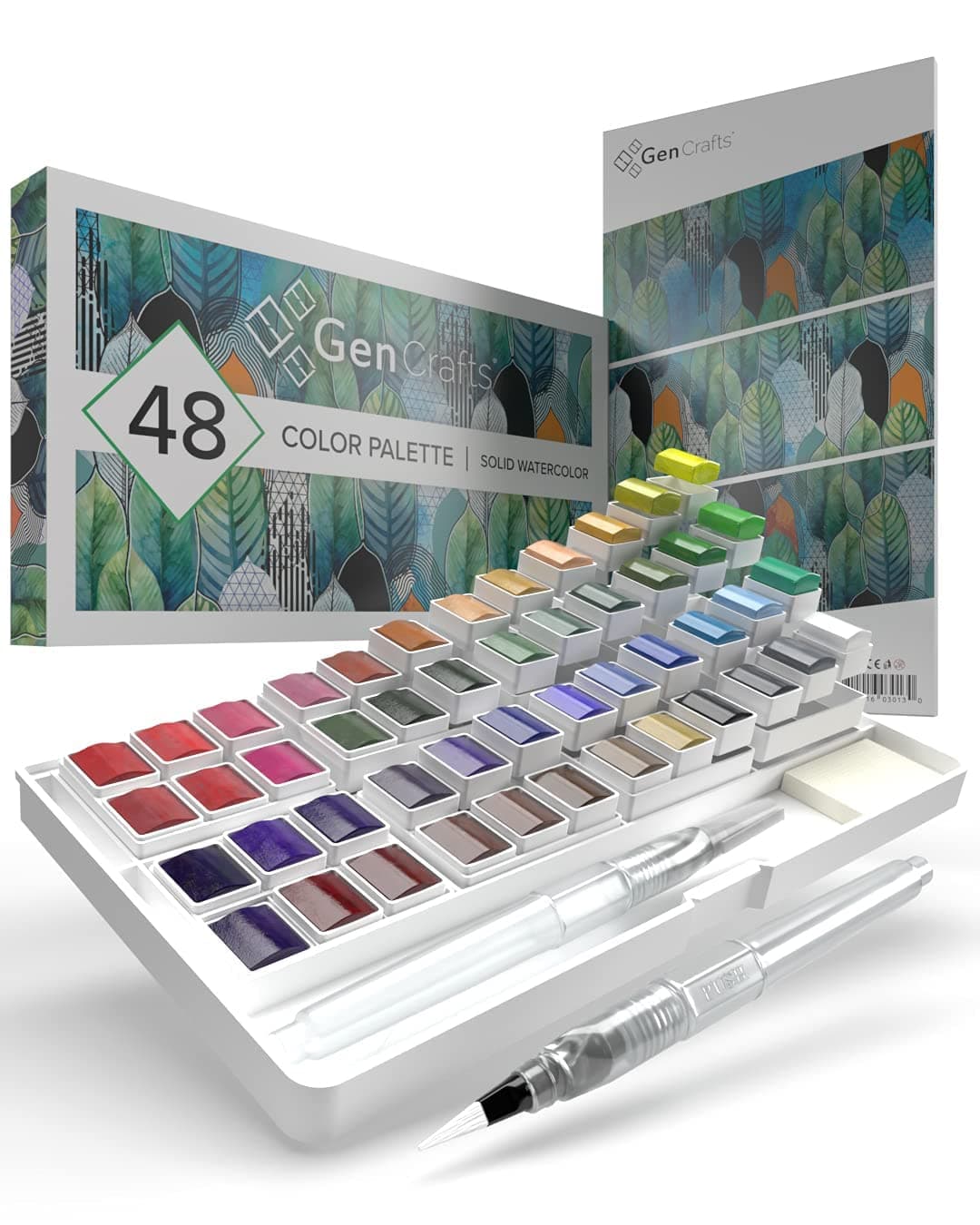 Watercolor Palette with Bonus Paper Pad by GenCrafts - Includes 48 Premium Colors - 2 Refillable Water Blending Brush Pens - No Mess Storage Case - 15 Sheets of Water Color Paper - Portable Painting