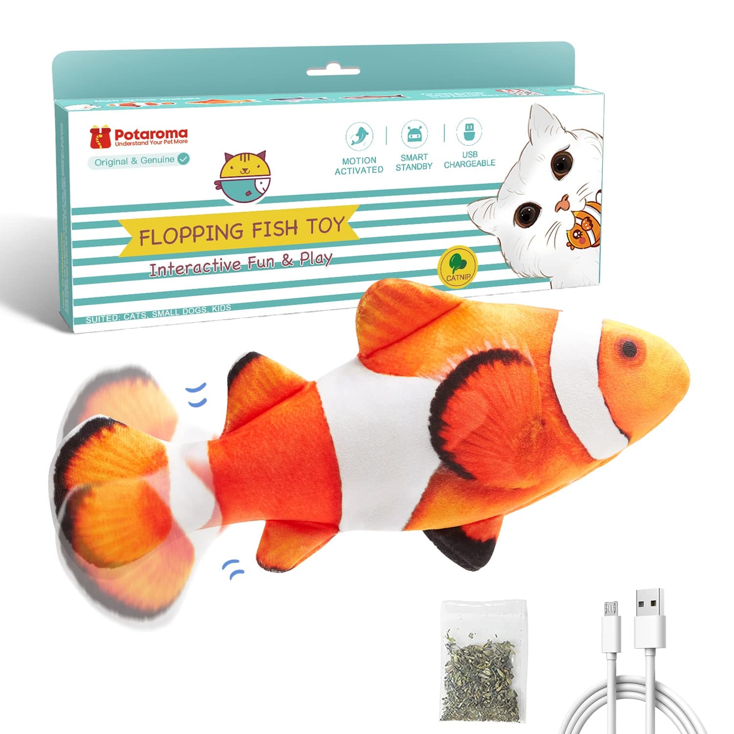 Potaroma Cat Toys Flopping Fish with SilverVine and Catnip, Moving Kitten Kicker, Floppy Wiggle Clownfish for Small Dogs, Motion Kitty Interactive Exercise, 10.5 Inches