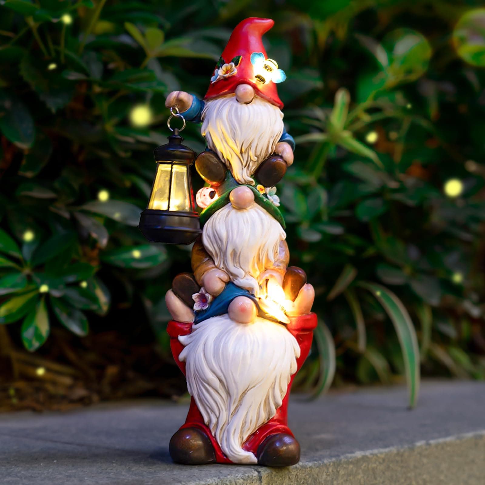 Garden Gnome Statue with Solar Lights Garden Sculptures Funny Triple Gnome Outdoor Patio Lawn Yard Balcony Garden Home Decor Gifts for Women Mom Grandma 12 in Summer Gnome