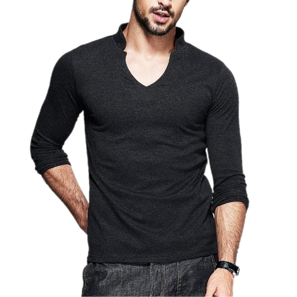 Men's Deep V-neck Cotton T-shirt Large Dark Gray