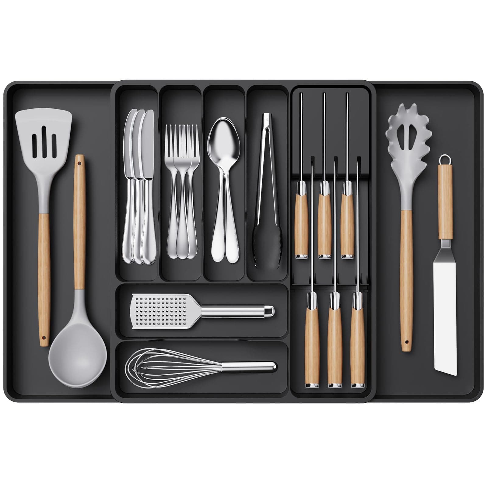 Silverware Organizer for Kitchen Drawers, Expandable Utensil Tray with Removable Knife Block, Adjustable Cutlery and Flatware Holder, Plastic Spoon Forks Holder Storage Divider, Black