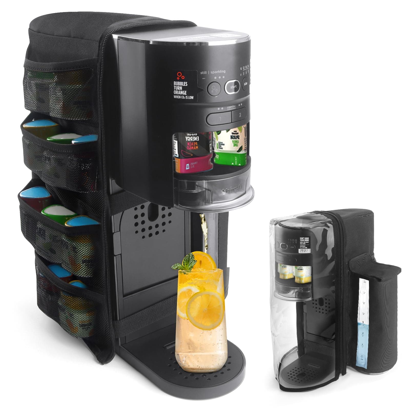 Soda Machine Dust Cover for Ninja Thirsti Drink System, Cover Bag with Storage Pockets Compatible with Ninja Thirsty, Flavored Water Drops(Bag Only), Black