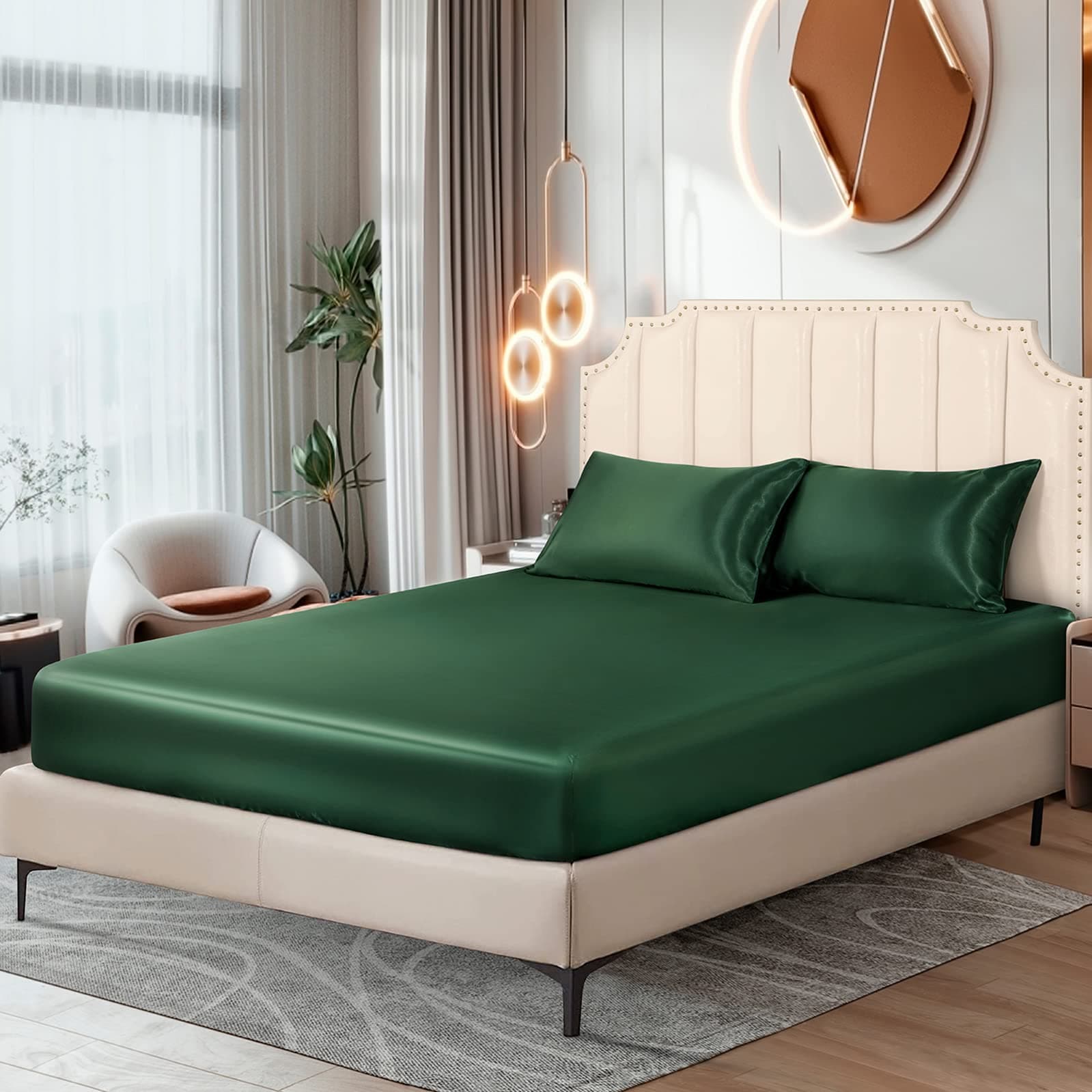 Ersmak Satin Fitted Sheet Only, Luxury Silky Queen Fitted Sheet Ultra Soft Deep Pocket Bottom Sheet, Wrinkle & Fade Resistant - Emerald Green