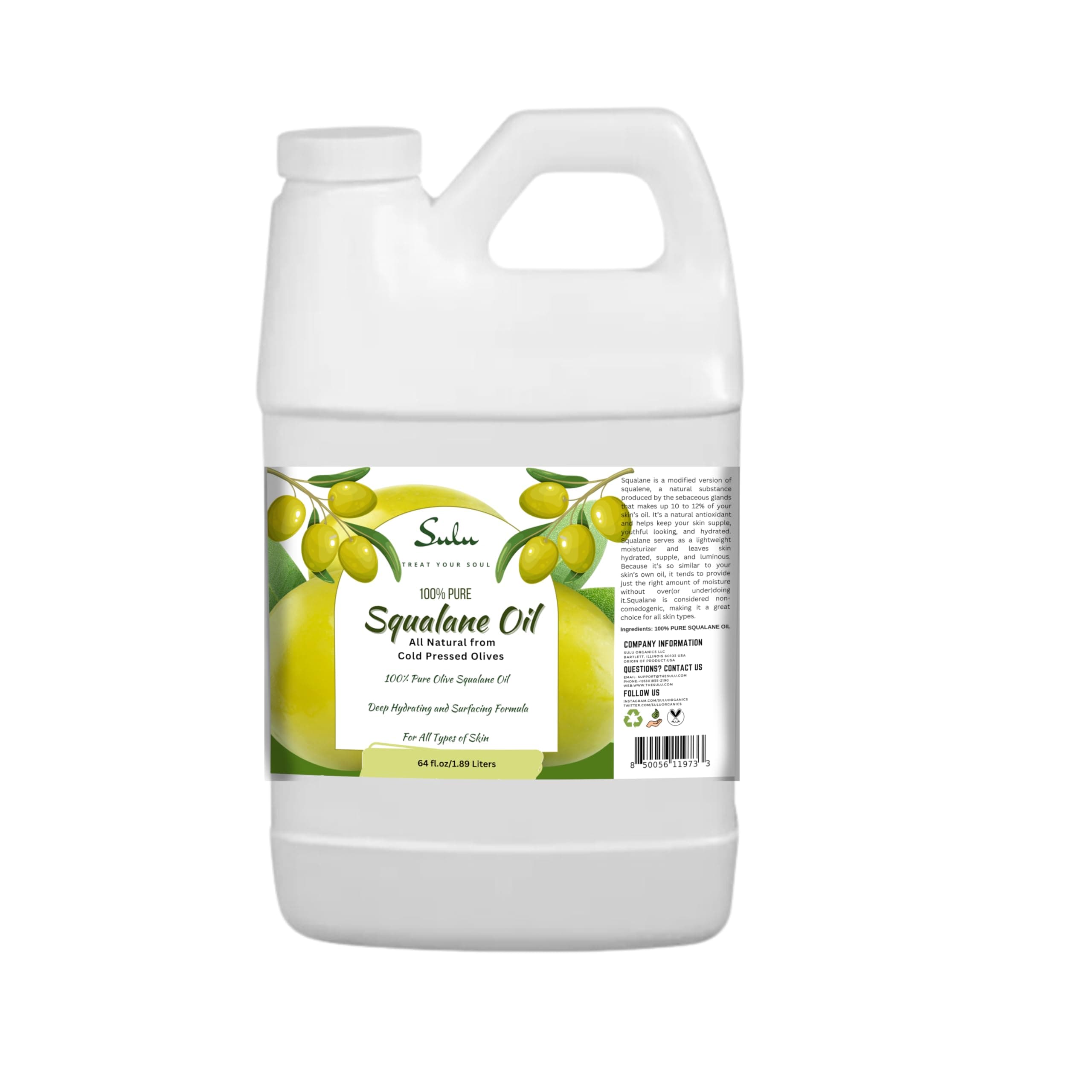 SULU ORGANICS 100% Pure Squalane Oil derived from Cold pressed Olives for Face, Hair, Body -64 fl.oz