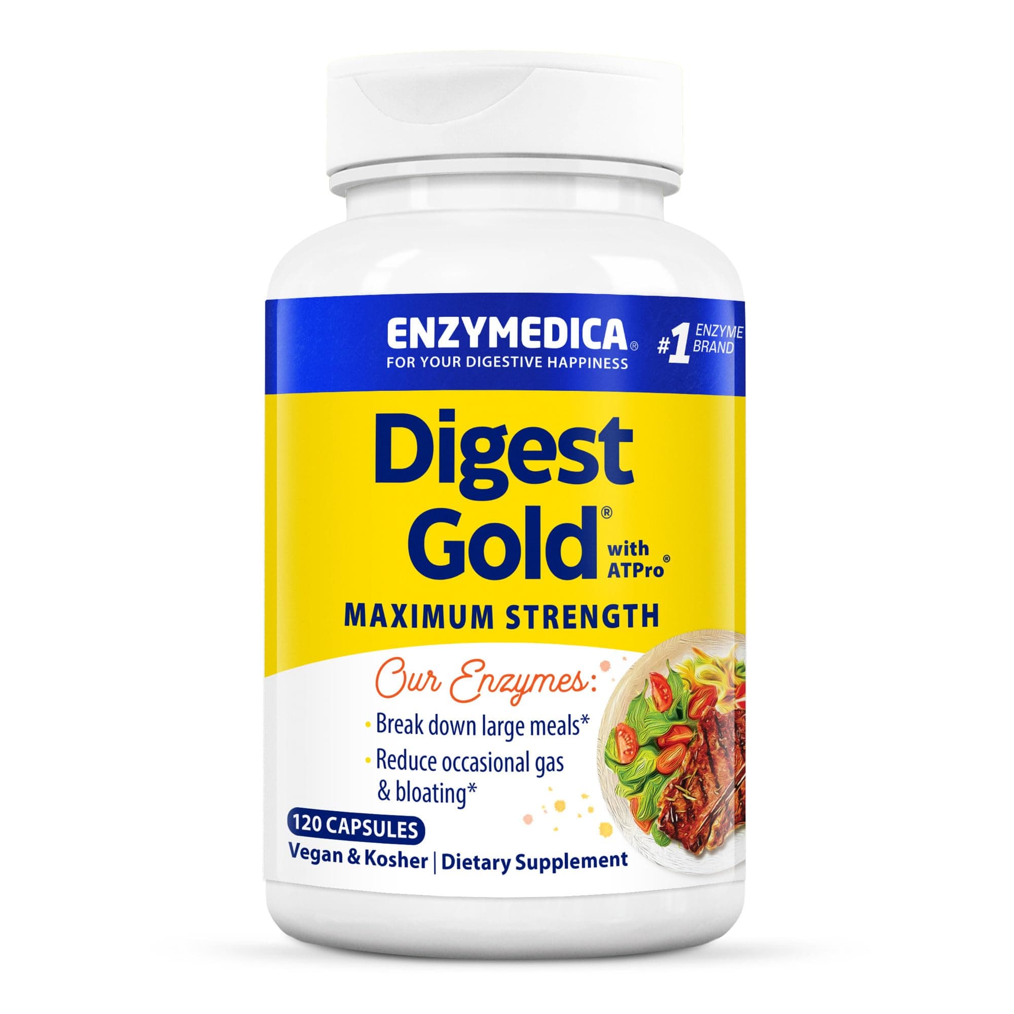 Digest Gold + ATPro, Maximum Strength Enzyme Formula, 14 Key Enzymes Including Amylase, Protease, Lipase and Lactase, 120 Capsules