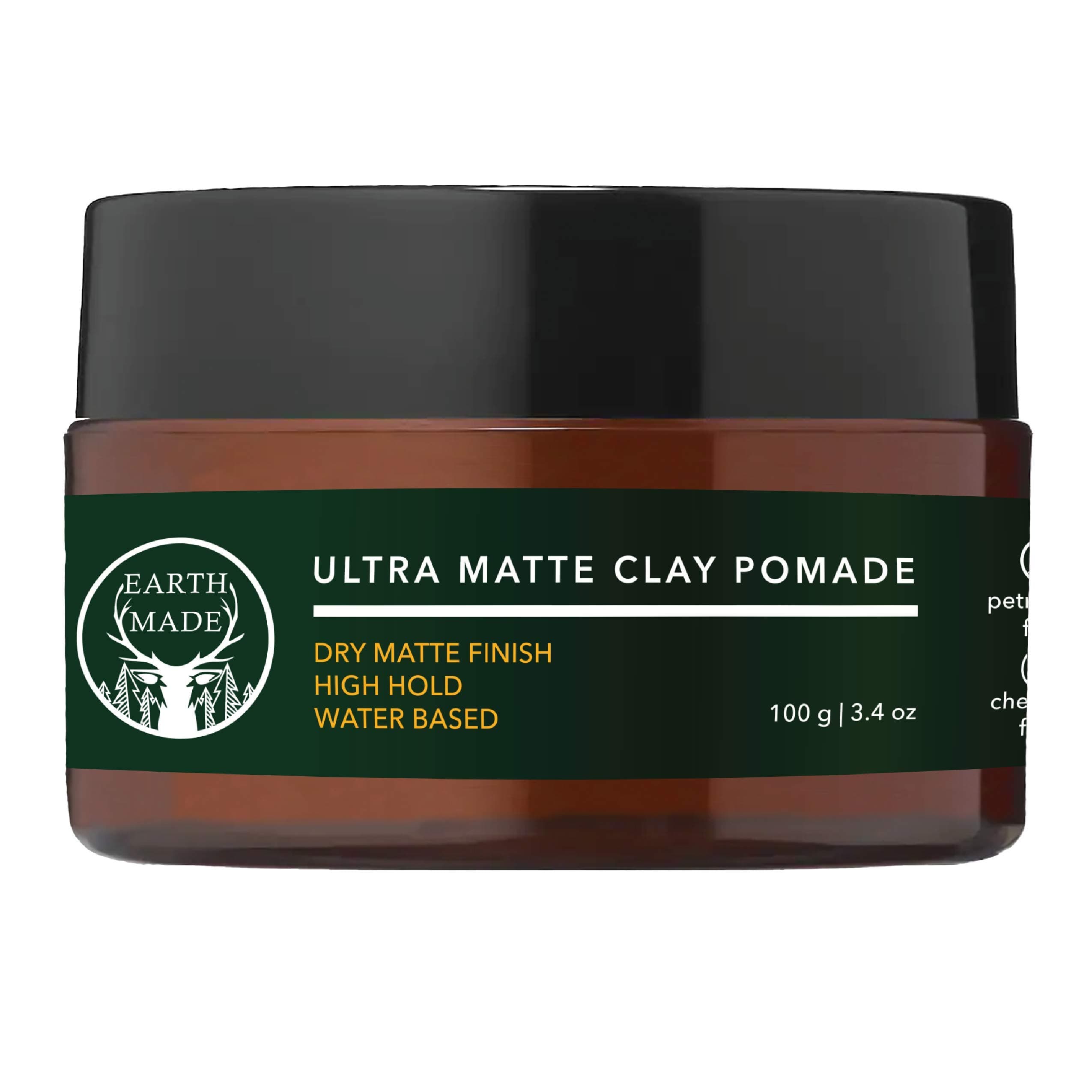 Earth Made - Natural Men’s Hair Ultra Matte Clay Pomade | Hand-made, Strong Hold, Organic, Cruelty Free, Paraben Free (3.5 oz. 100 g)