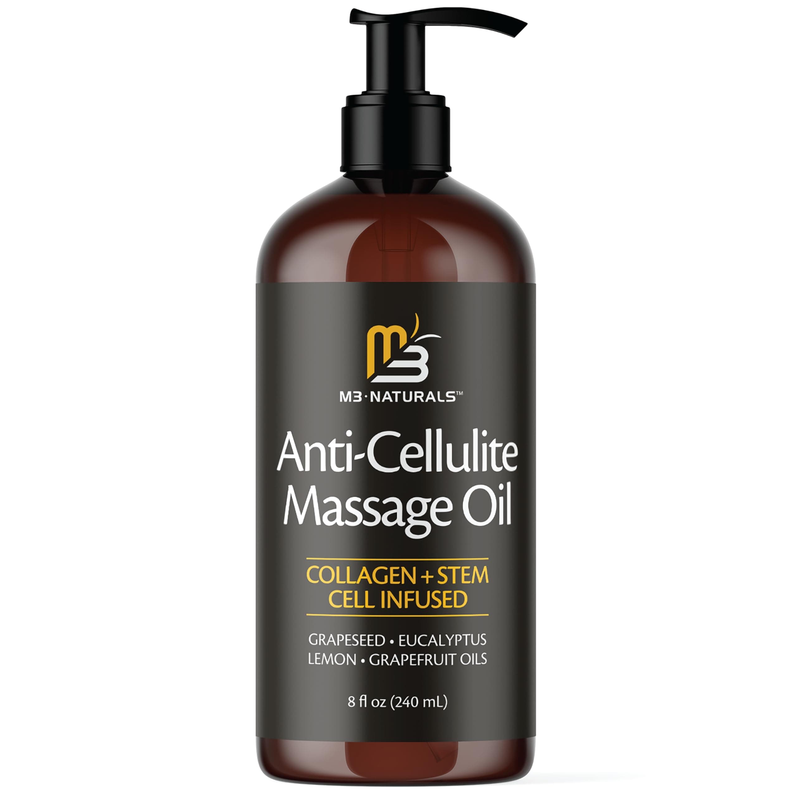 M3 Naturals Anti Cellulite Massage Oil Infused with Collagen & Stem Cell All Natural Essential Oils Treatment Firms Tightens Tones Regenerates Moisturizes Targets Unwanted Fat Tissues 8 FL OZ