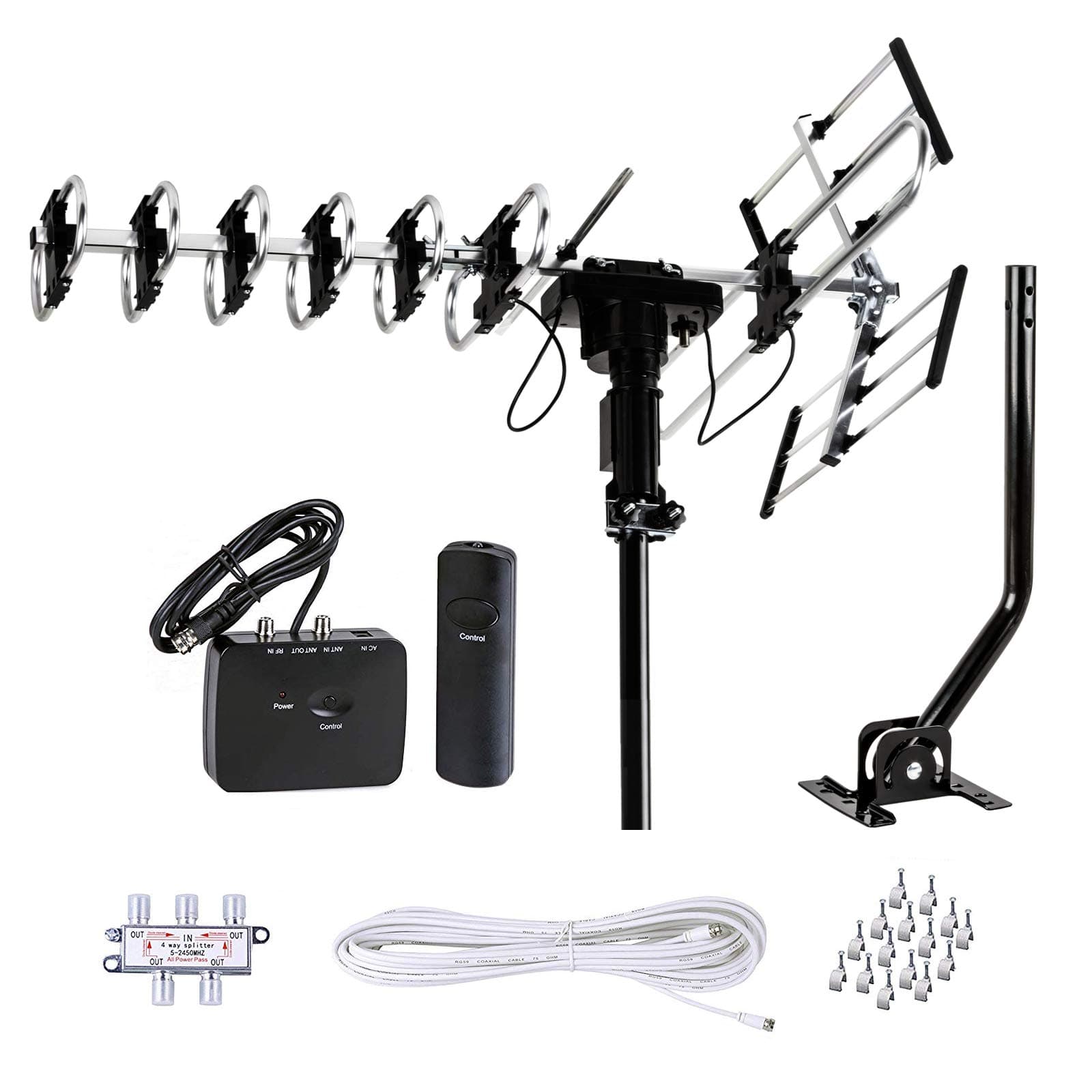 Outdoor Antenna HD TV 200 Miles Range with Motorized 360° Rotation, UHF/VHF/FM Radio with Infrared Remote Control Plus Installation Kit & Mounting Pole