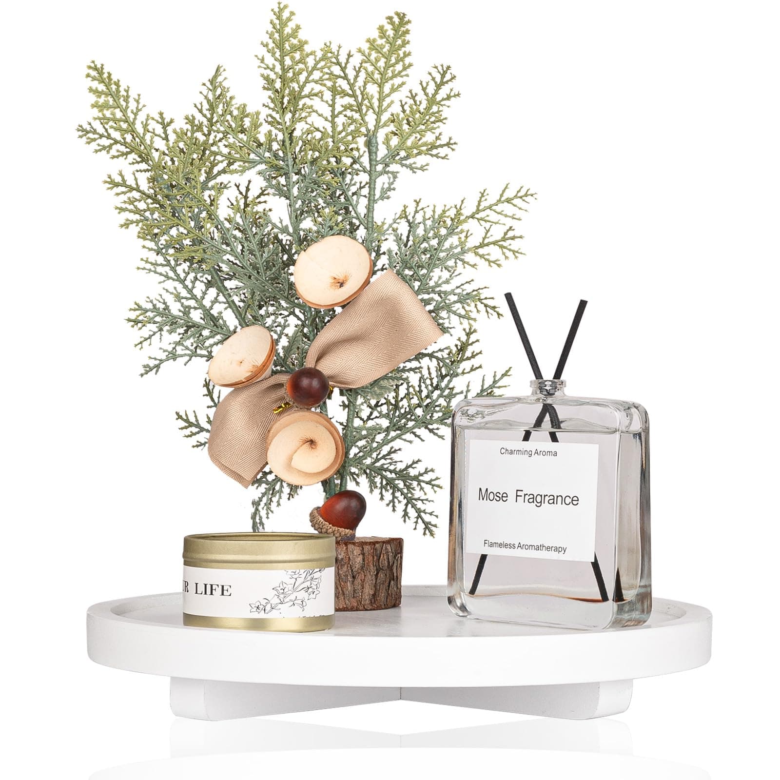 Decorative Tray Wood Coffee Table Decor Farmhouse Round Counter Organizer Holder Vintage Candle Pedestal for Kitchen, Bathroom, White