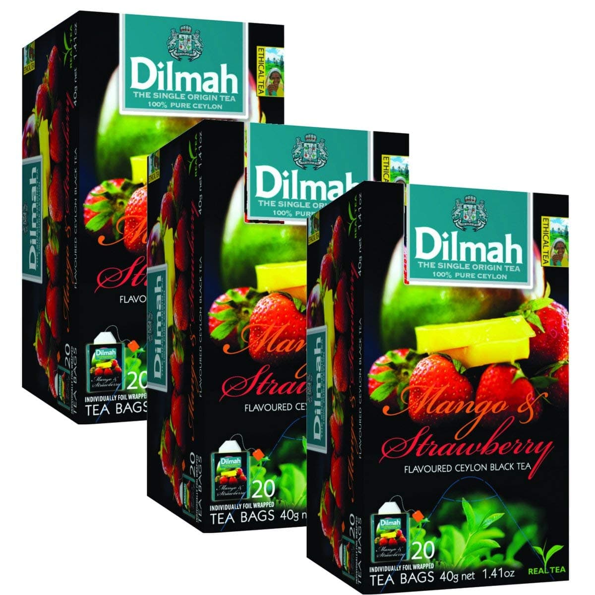 Mango and Strawberry Flavored Ceylon Black Tea - 20 Tea Bags X 3 Pack - Sri Lanka Ceylon Dilmah Mango Strawberry Tea Real Tea_AB