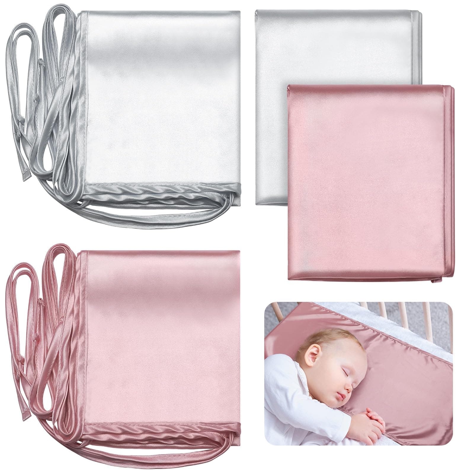 Hosuly 2 Pcs Satin Bassinet Sheet Baby Hair Soft Silk Feeling Sheet Baby Bassinet for Rectangle Cradle Pad Mattress Boys Girls Newborn Infant(Pink, Gray)