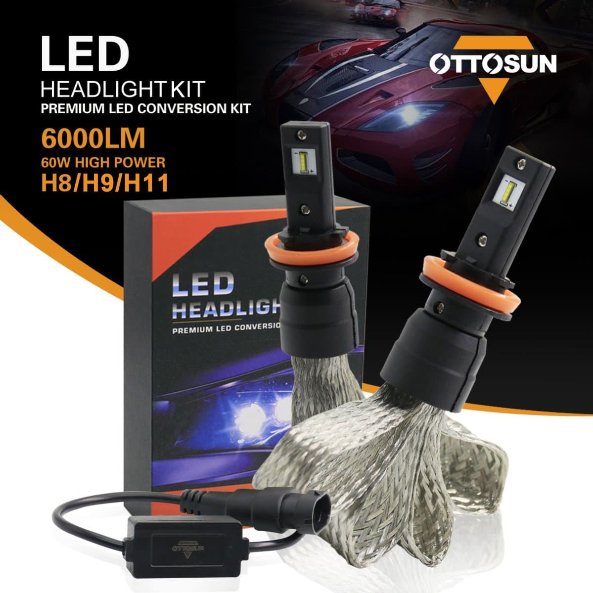 OTTOSUN LED Headlights Bulbs H8/H9/H11 X7 Series Extremely Bright CSP Chipsets Headlight Premium Conversion kit 6000LM for Car Truck Fog light or Halogen Headlight Replacement - 1 Year Warranty